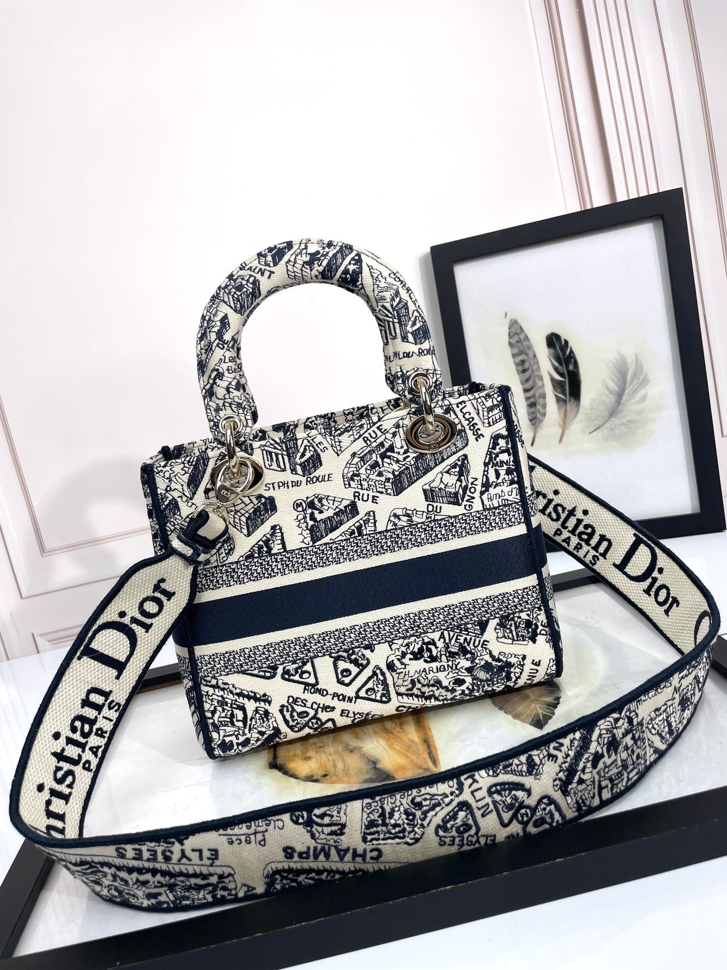 Dior Black and White Toile Print Canvas Top Handle Shoulder Bag