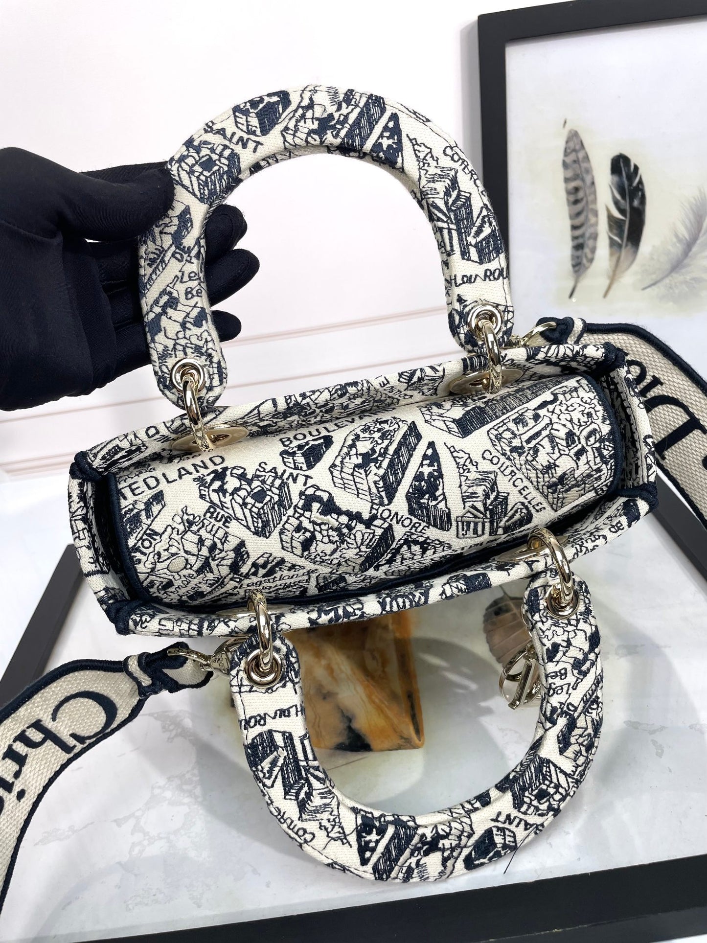 Dior Vintage Toile Print Canvas Top Handle Bag with Shoulder Strap