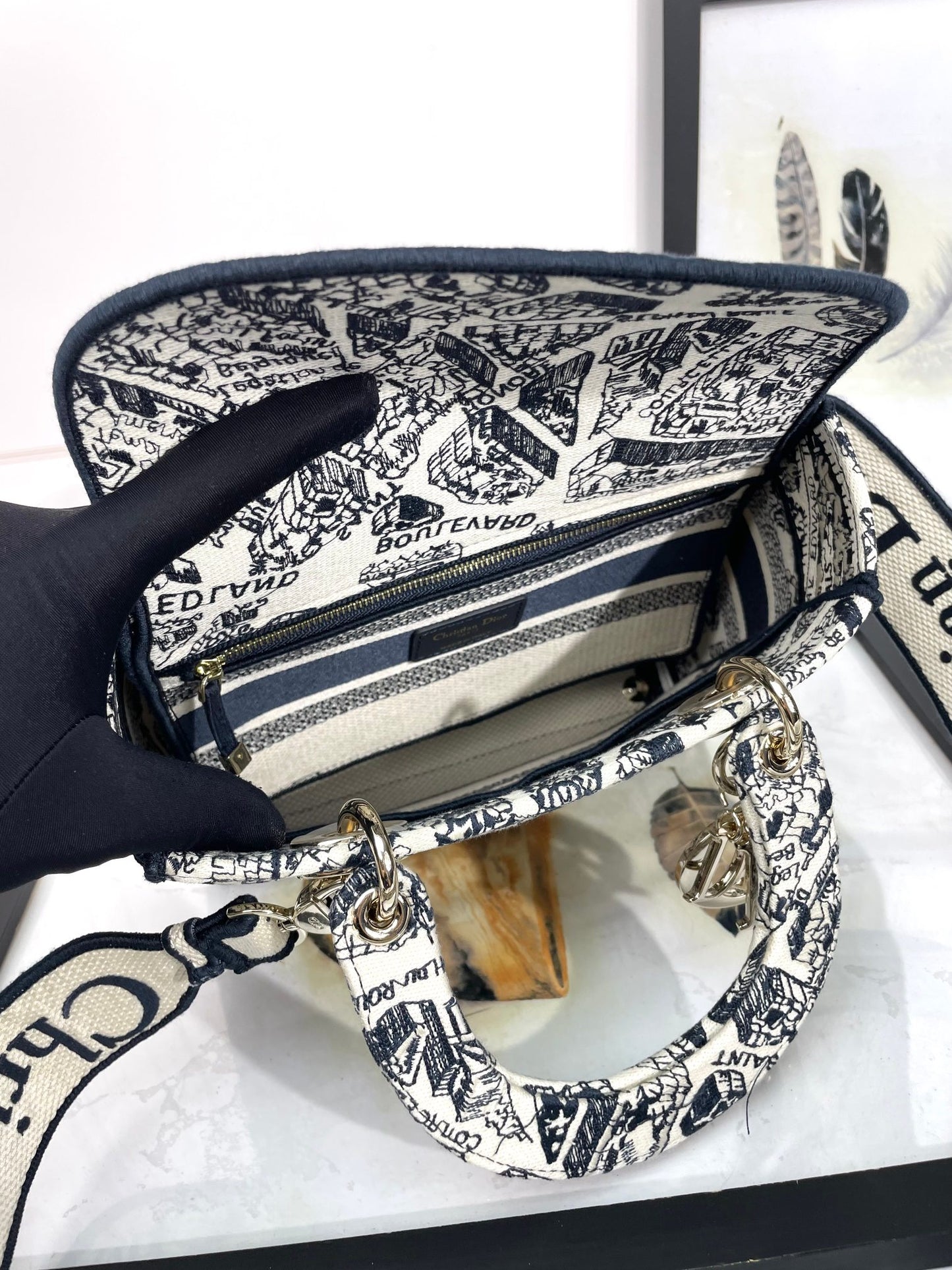 Dior Black and White Toile Print Canvas Top Handle Shoulder Bag