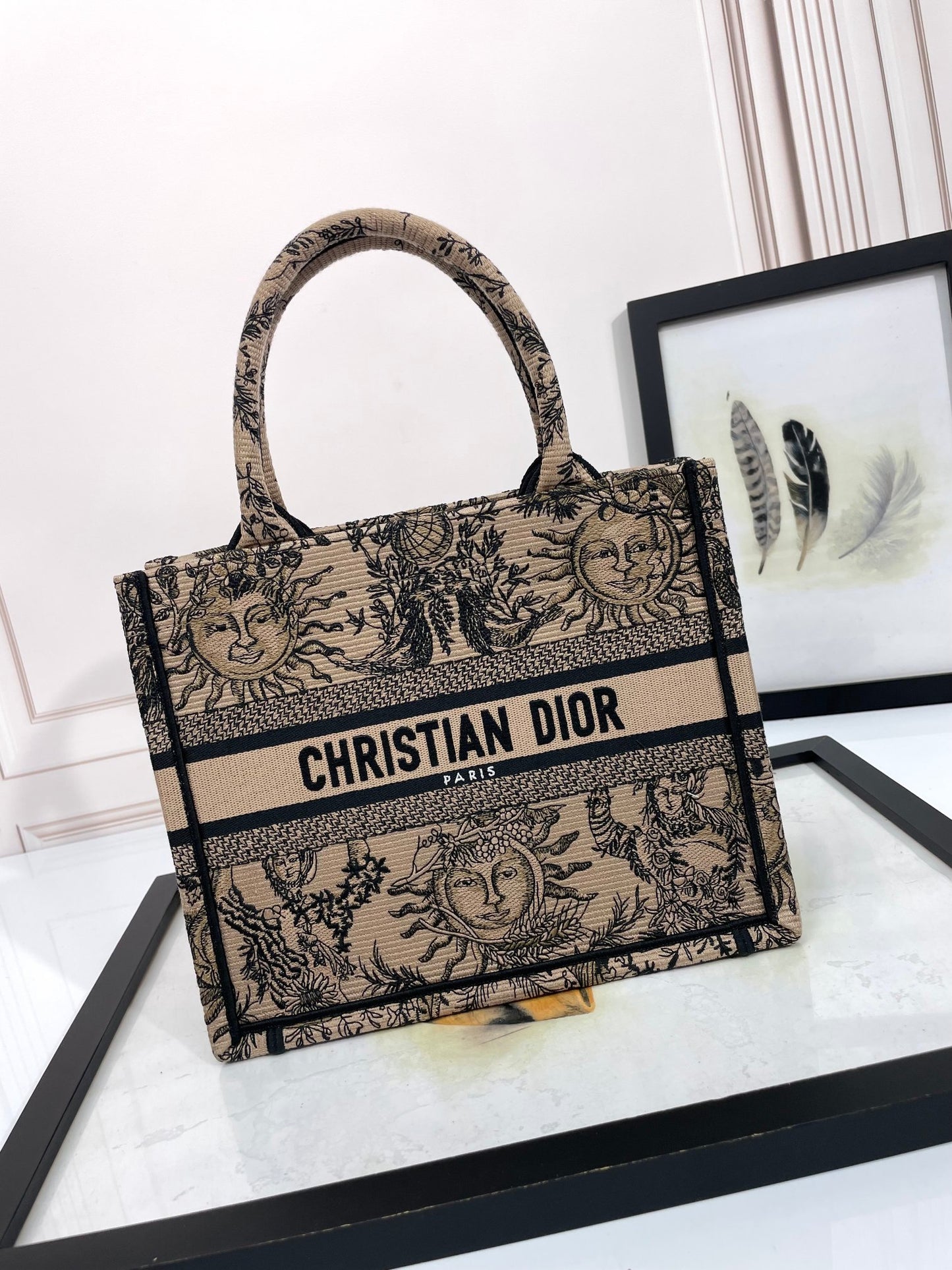 Dior Vintage Sun Face Print Canvas Tote Bag Beige Top Handle Handbag