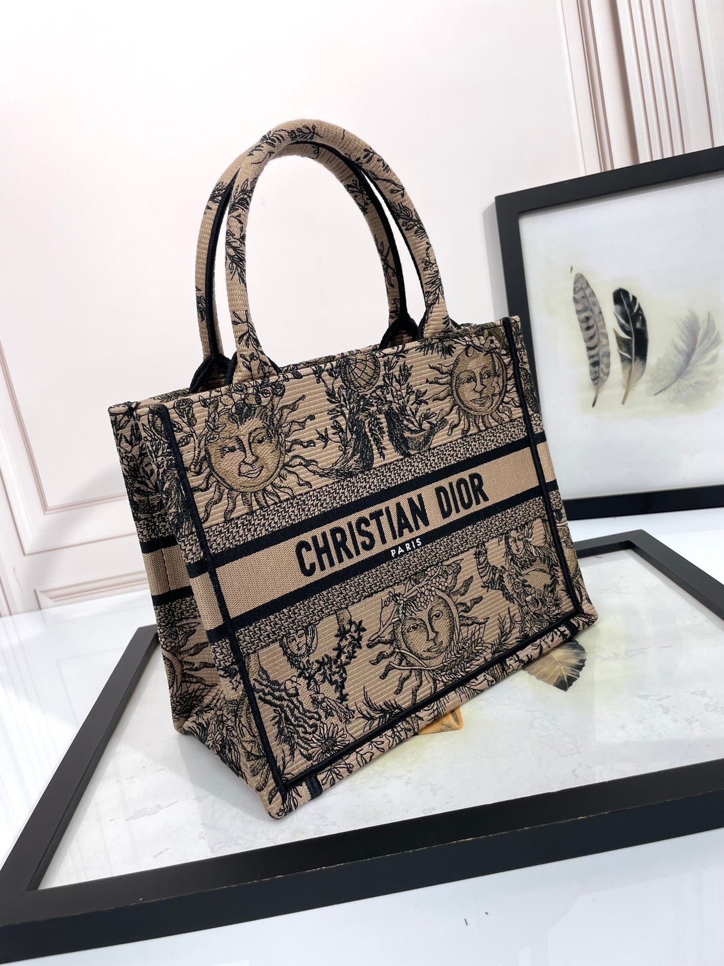 Dior Beige Vintage Celestial Sun Embroidered Canvas Tote Bag