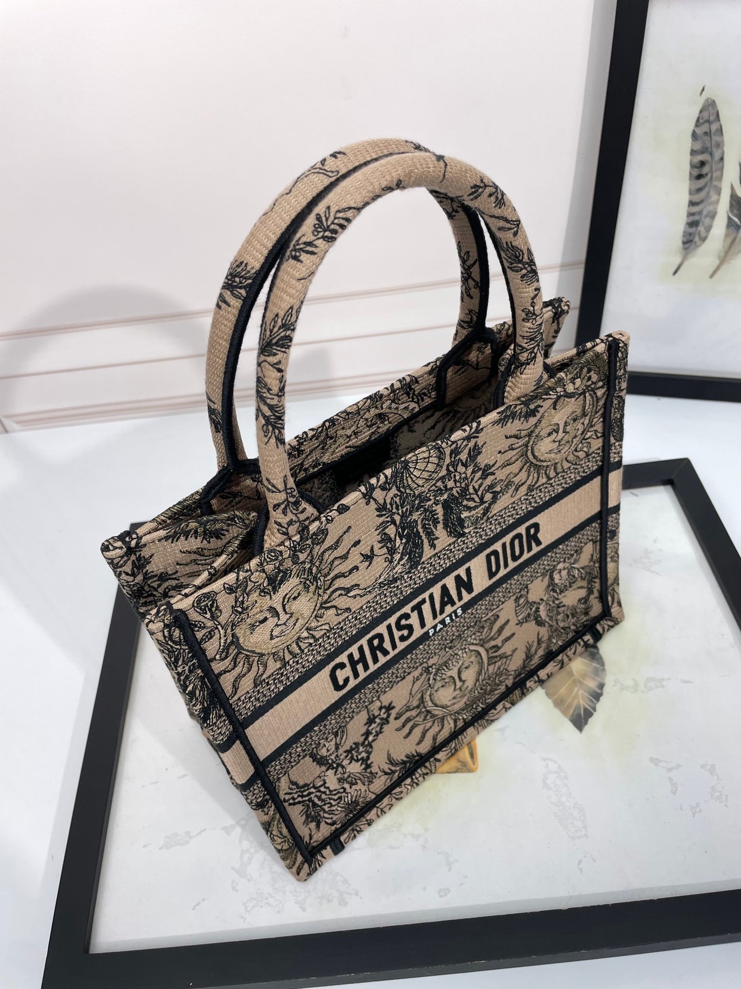 Christian Dior Medium Book Tote Bag with Sun and Moon Embroidery - Beige and Black