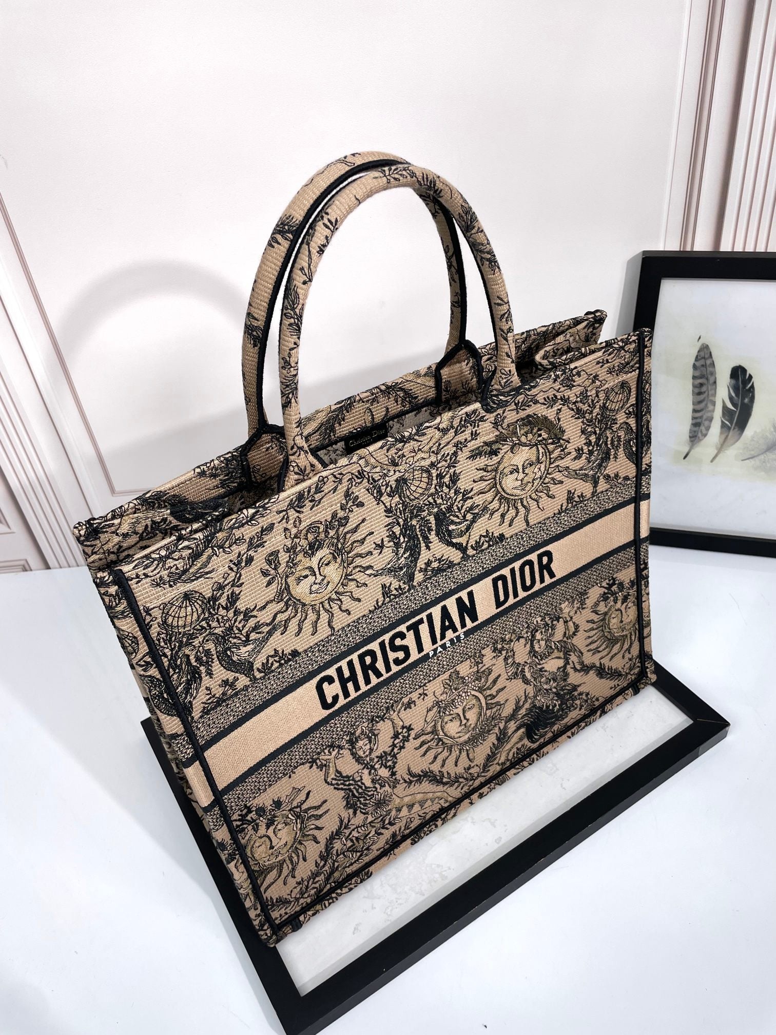 Christian Dior Book Tote Bag - Beige and Black Toile de Jouy Soleil Embroidery