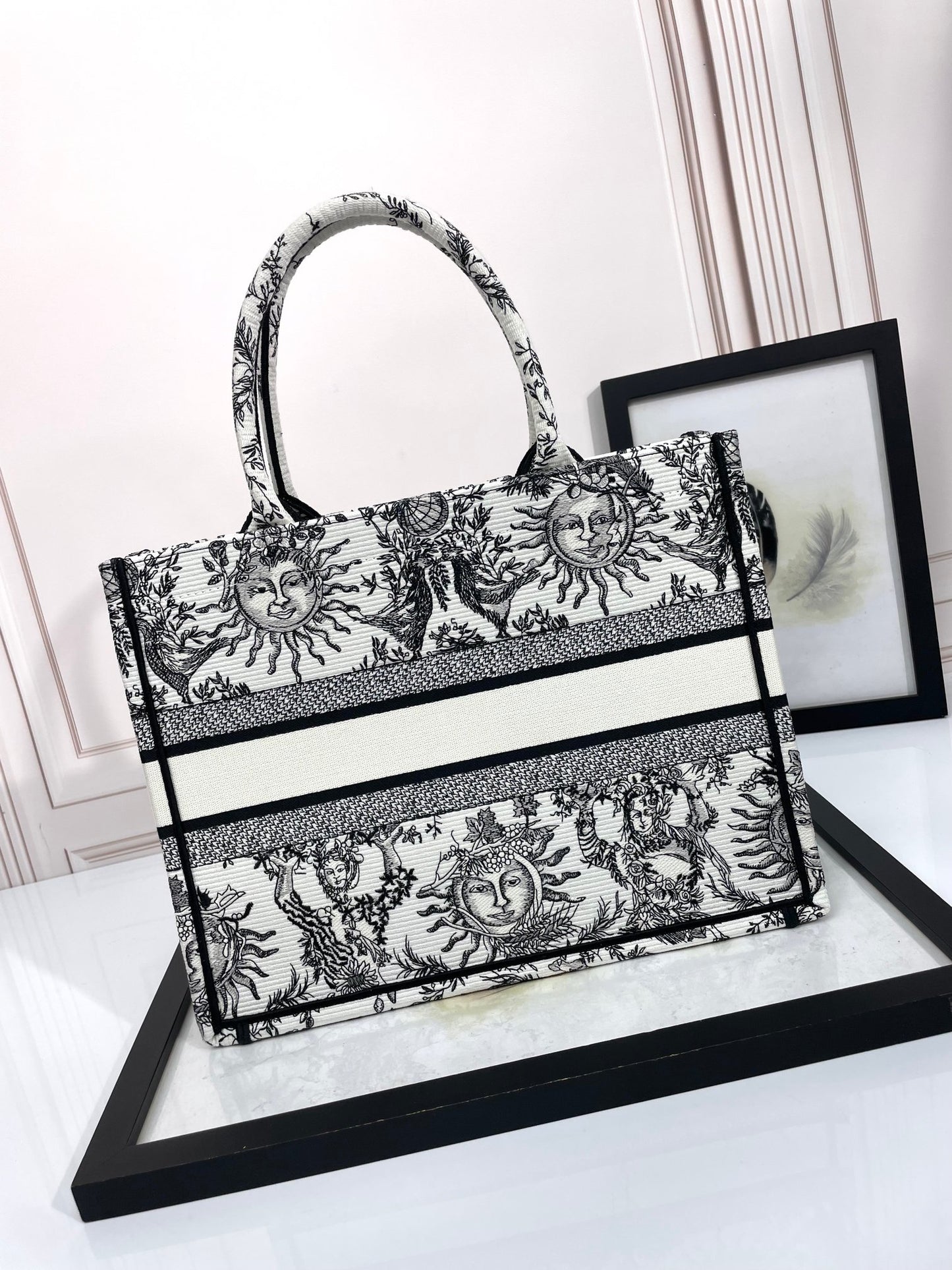 Christian Dior Medium Dior Book Tote - White and Black Zodiac Embroidery