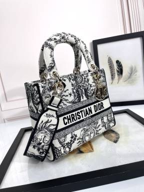 Christian Dior Lady D-Lite Bag - White and Black Zodiac Embroidery