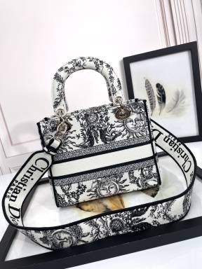 Dior Black and White Zodiac Embroidered Canvas Top Handle Bag