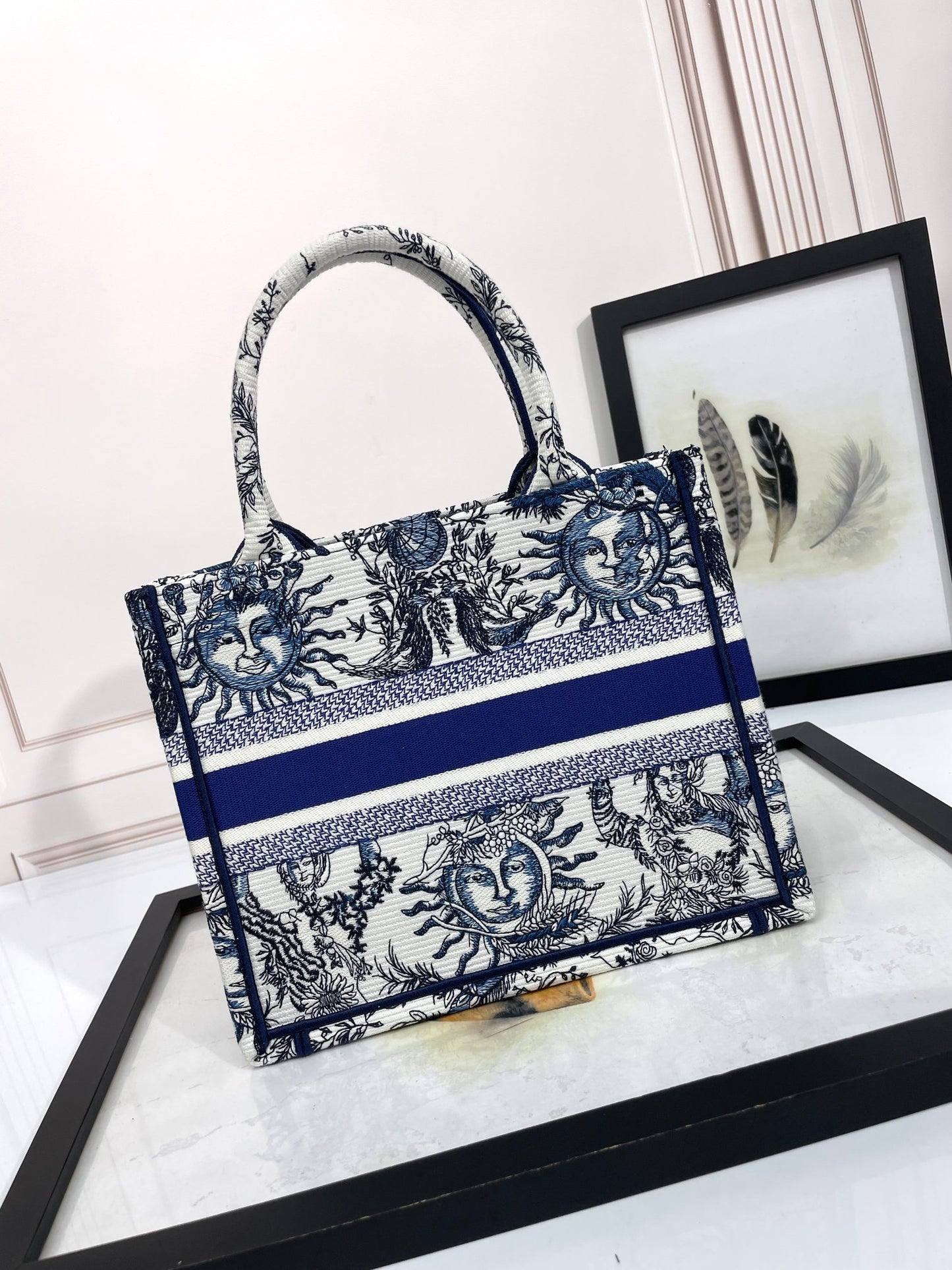 Dior Vintage Blue and White Celestial Sun Embroidered Canvas Tote Bag