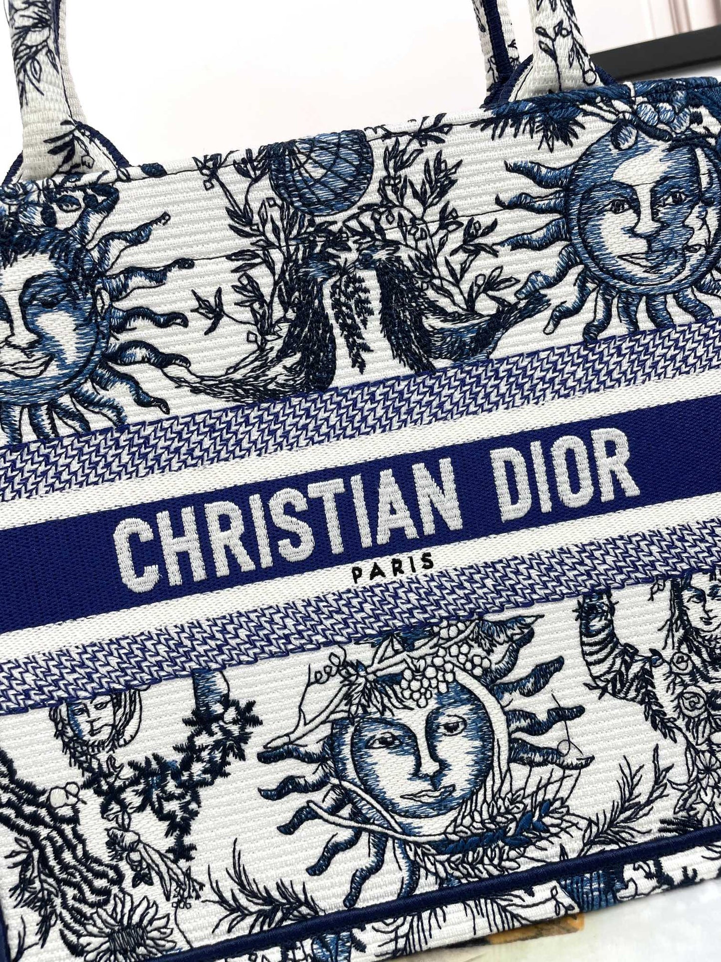 Christian Dior Blue & White Celestial Sun Embroidery Book Tote Bag