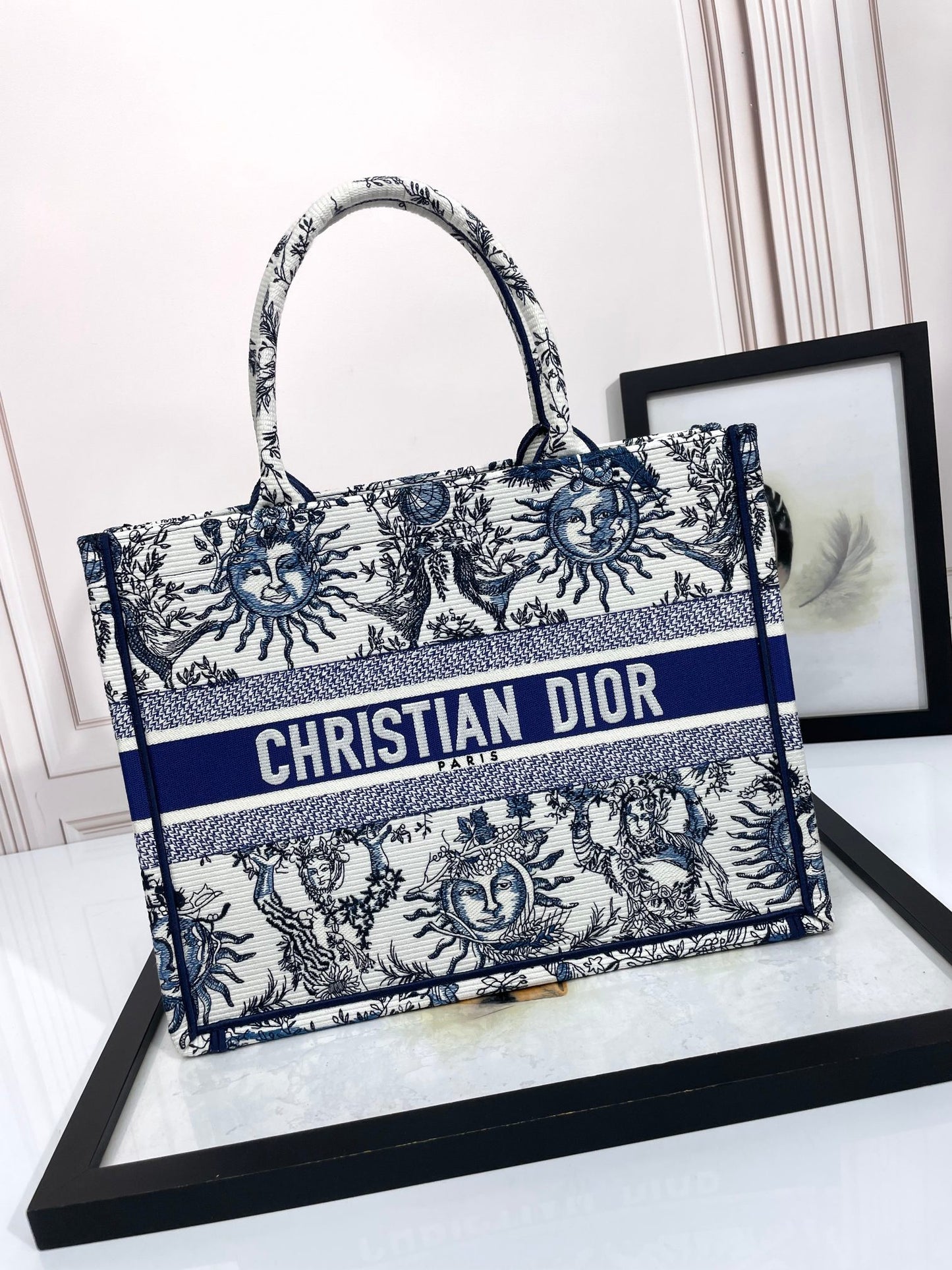 Dior Blue and White Celestial Sun Embroidered Canvas Tote Bag