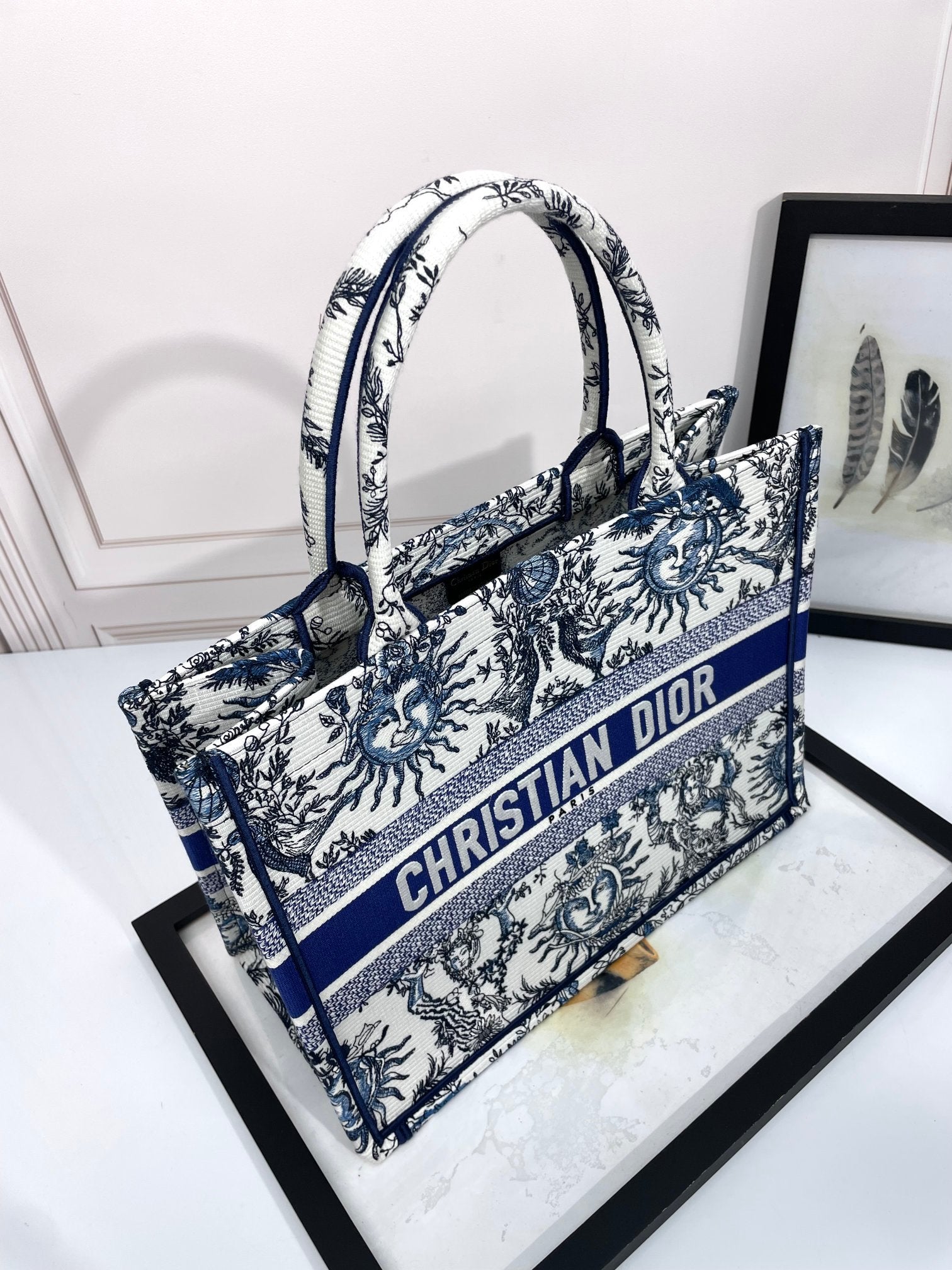 Christian Dior Large Book Tote - Toile de Jouy Soleil Blue and White Embroidery