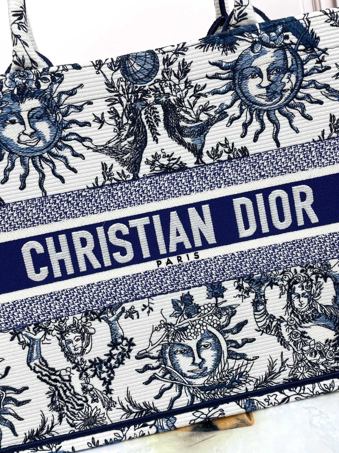 Dior Blue Celestial Sun Embroidered Canvas Top Handle Tote Bag