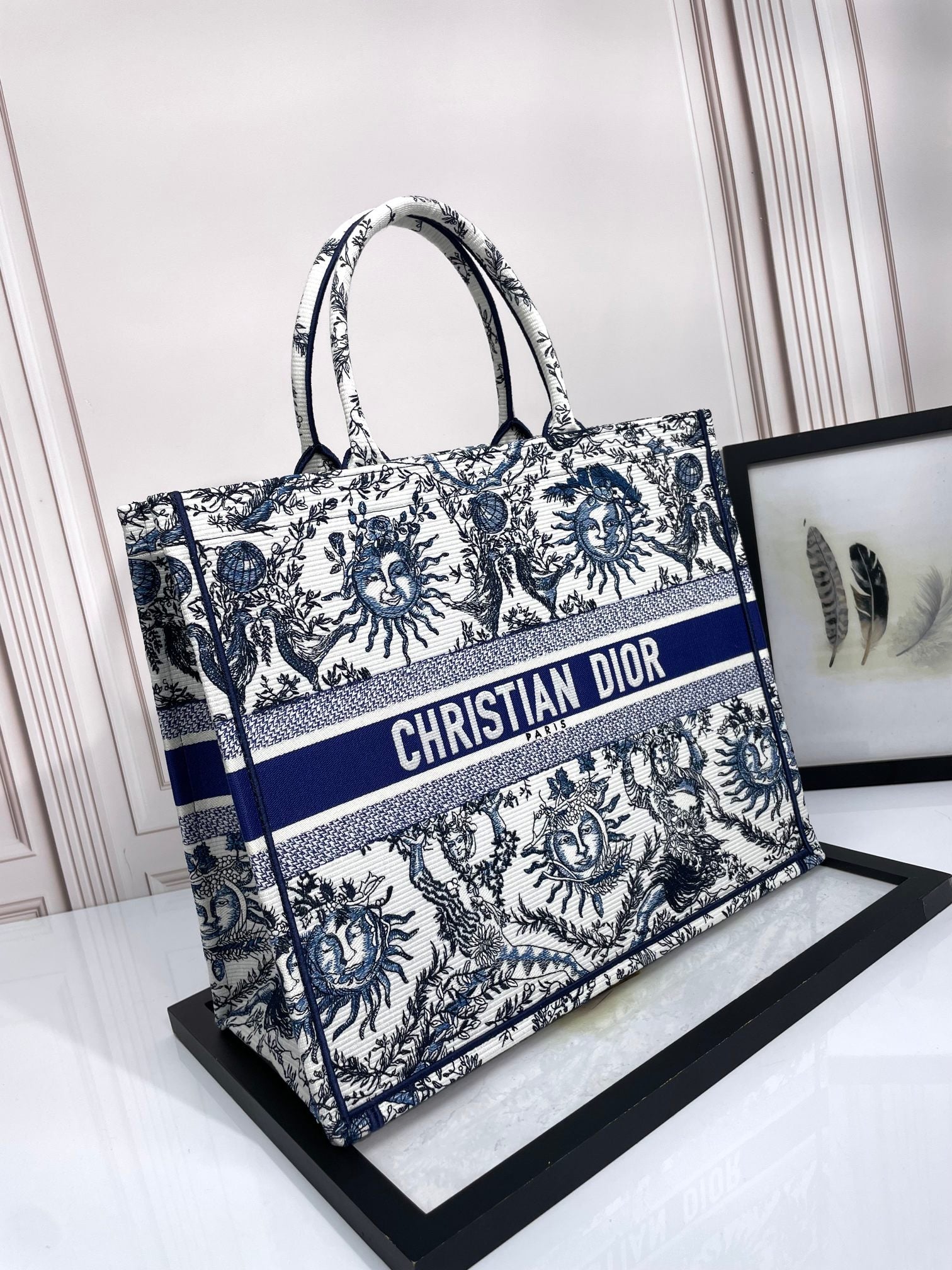 Dior Vintage Blue and White Celestial Sun Print Canvas Tote Handbag