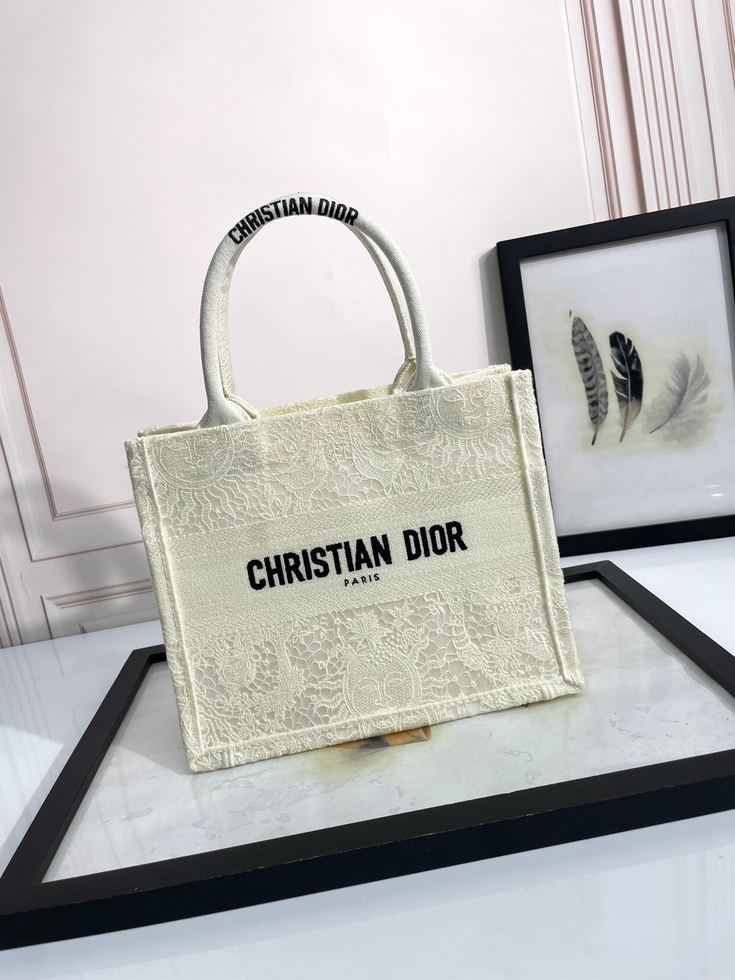 Dior Elegant Cream Floral Embroidered Canvas Handheld Tote Bag