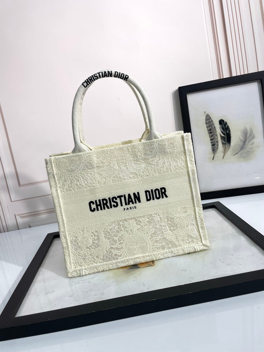 Dior Cream Floral Embroidered Canvas Tote Bag with Top Handles