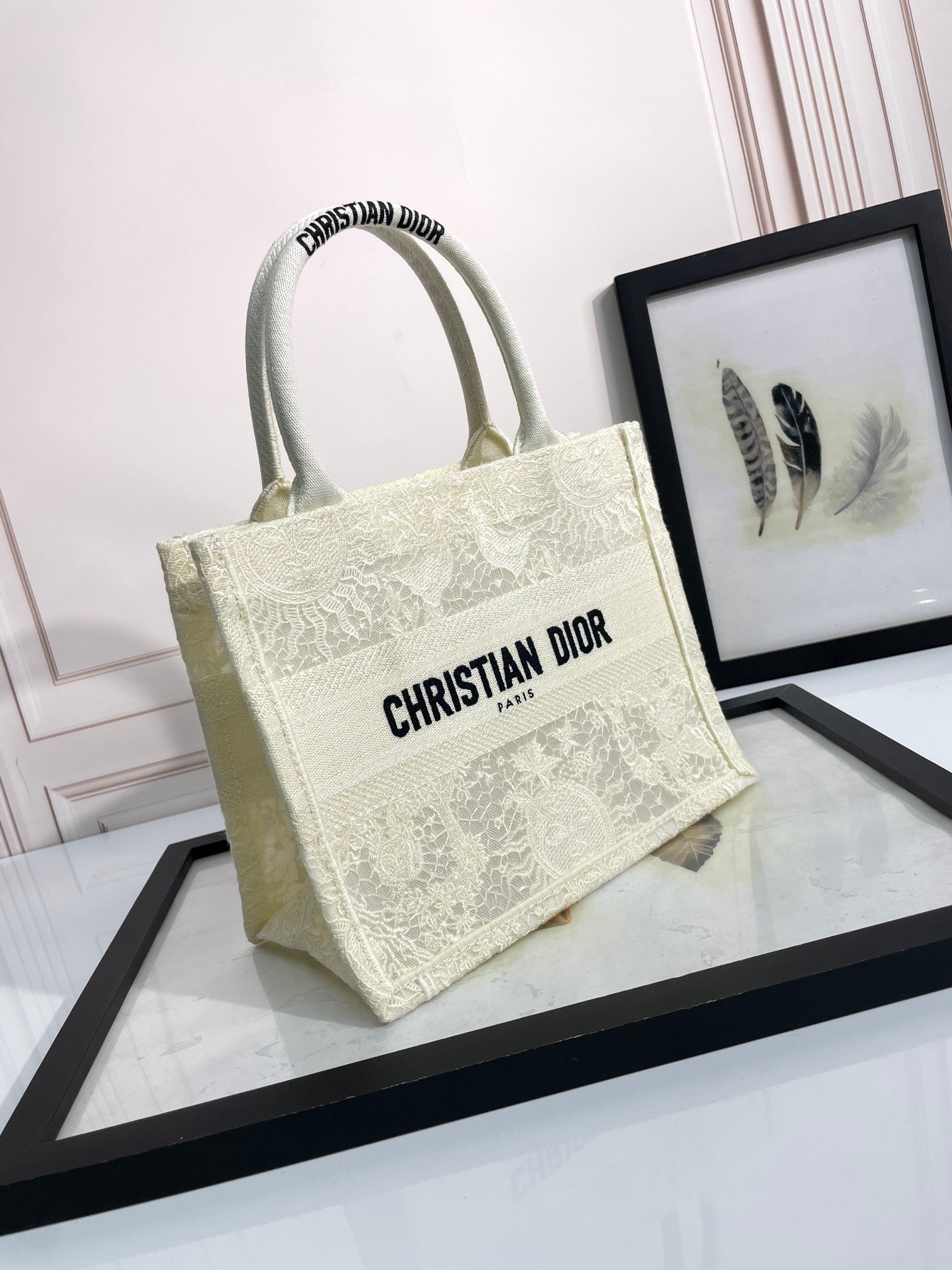 Christian Dior Book Tote Bag - White/Beige Embroidered Canvas Designer Handbag