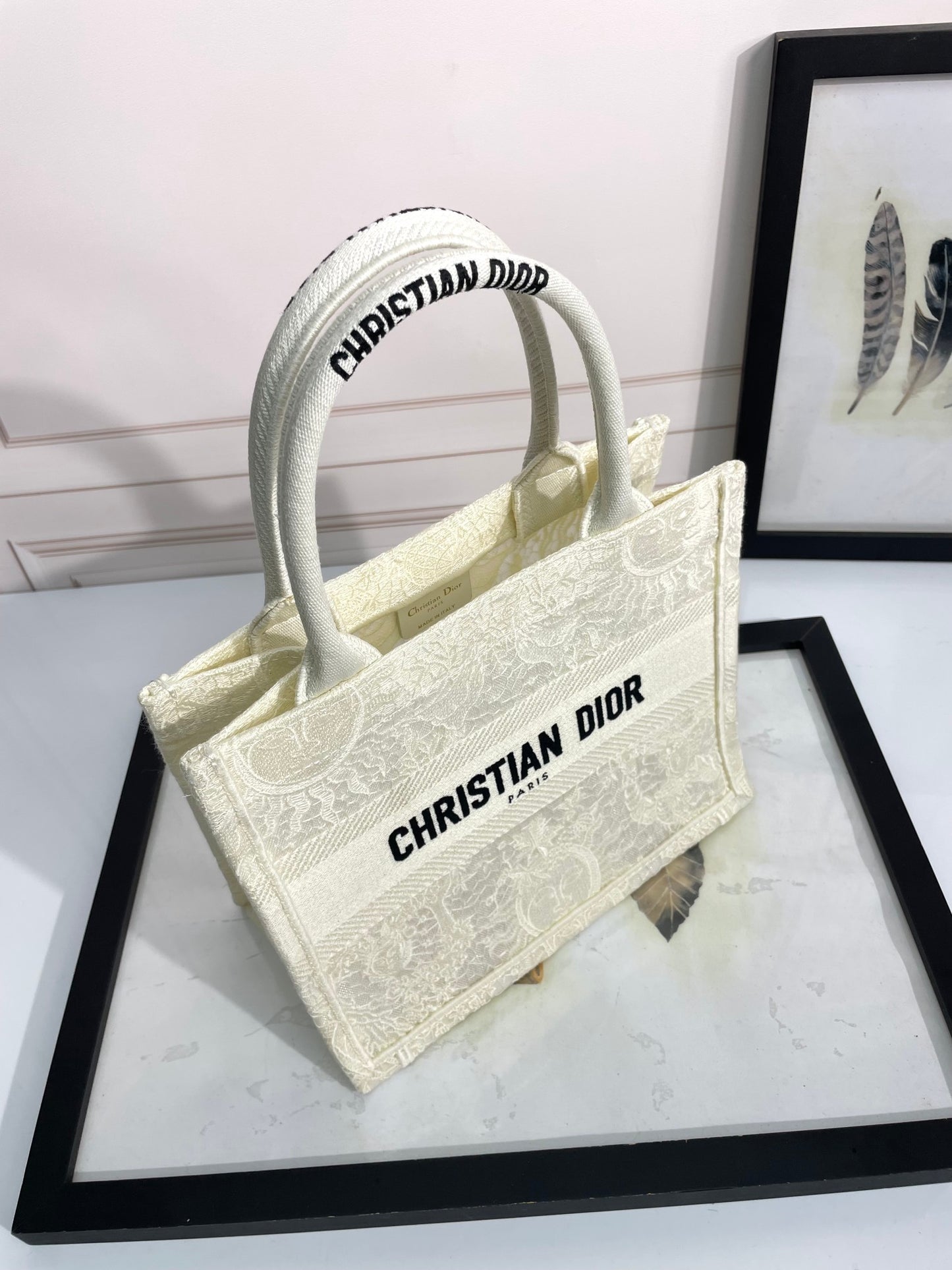 Dior Elegant Cream Floral Embroidered Canvas Handheld Tote Bag