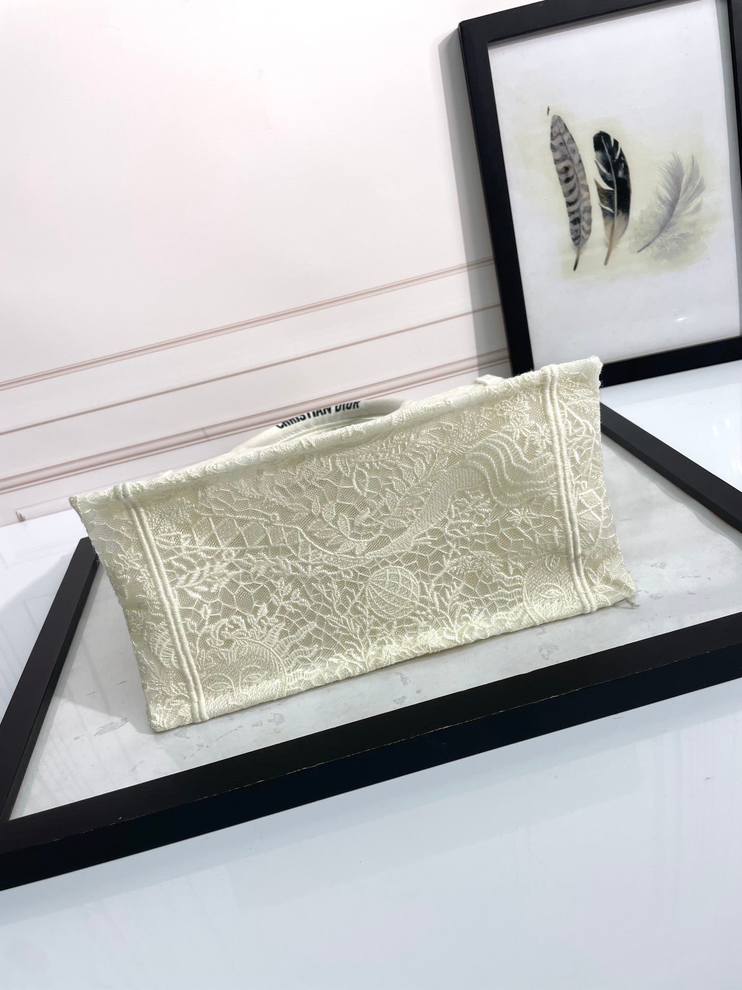 Christian Dior Book Tote Bag - White/Beige Embroidered Canvas Designer Handbag