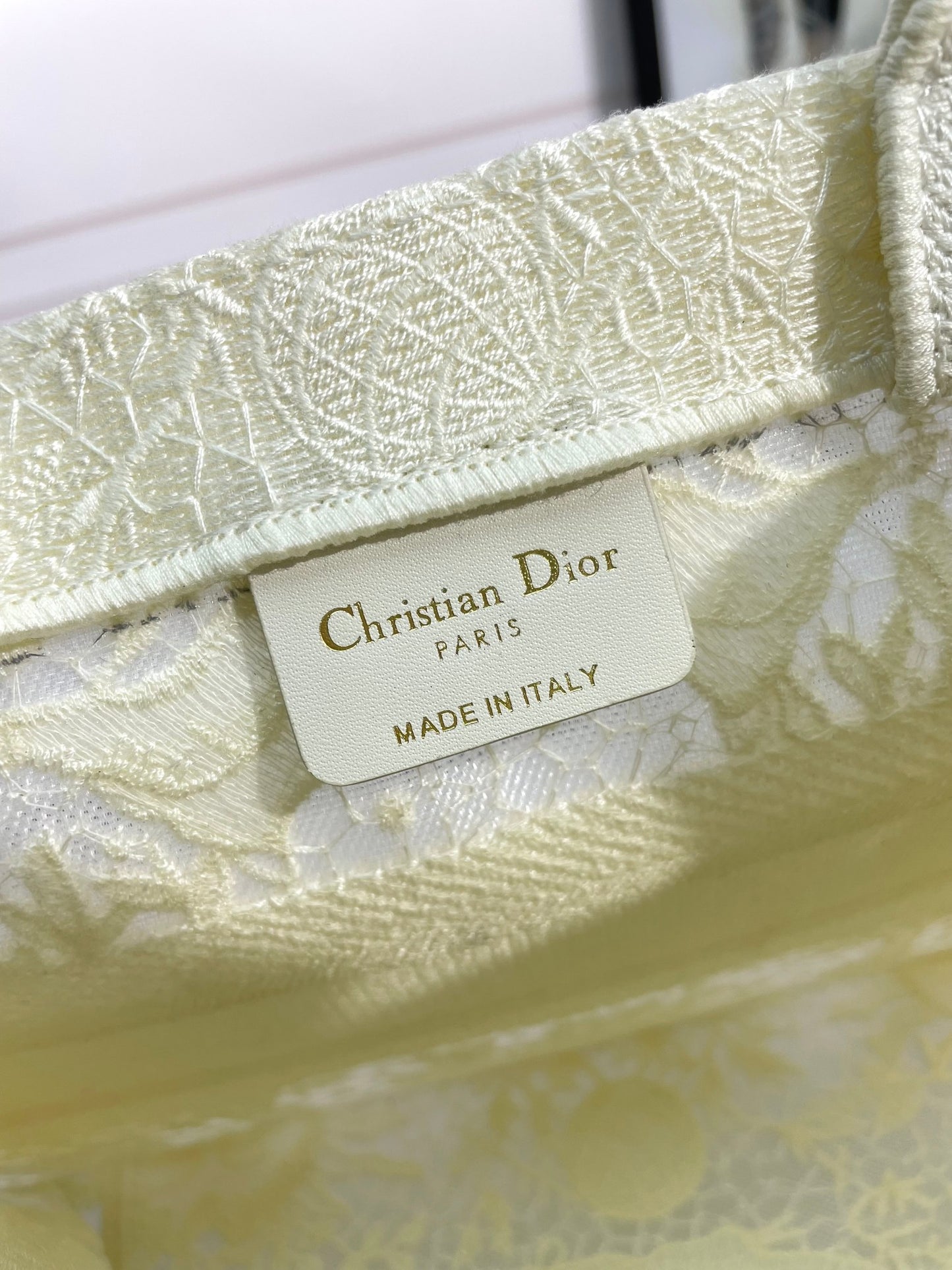 Christian Dior Book Tote Bag - White/Beige Embroidered Canvas Designer Handbag