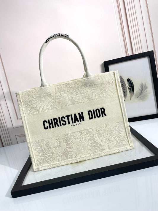 Christian Dior Book Tote Bag - Off-White Embroidered Canvas
