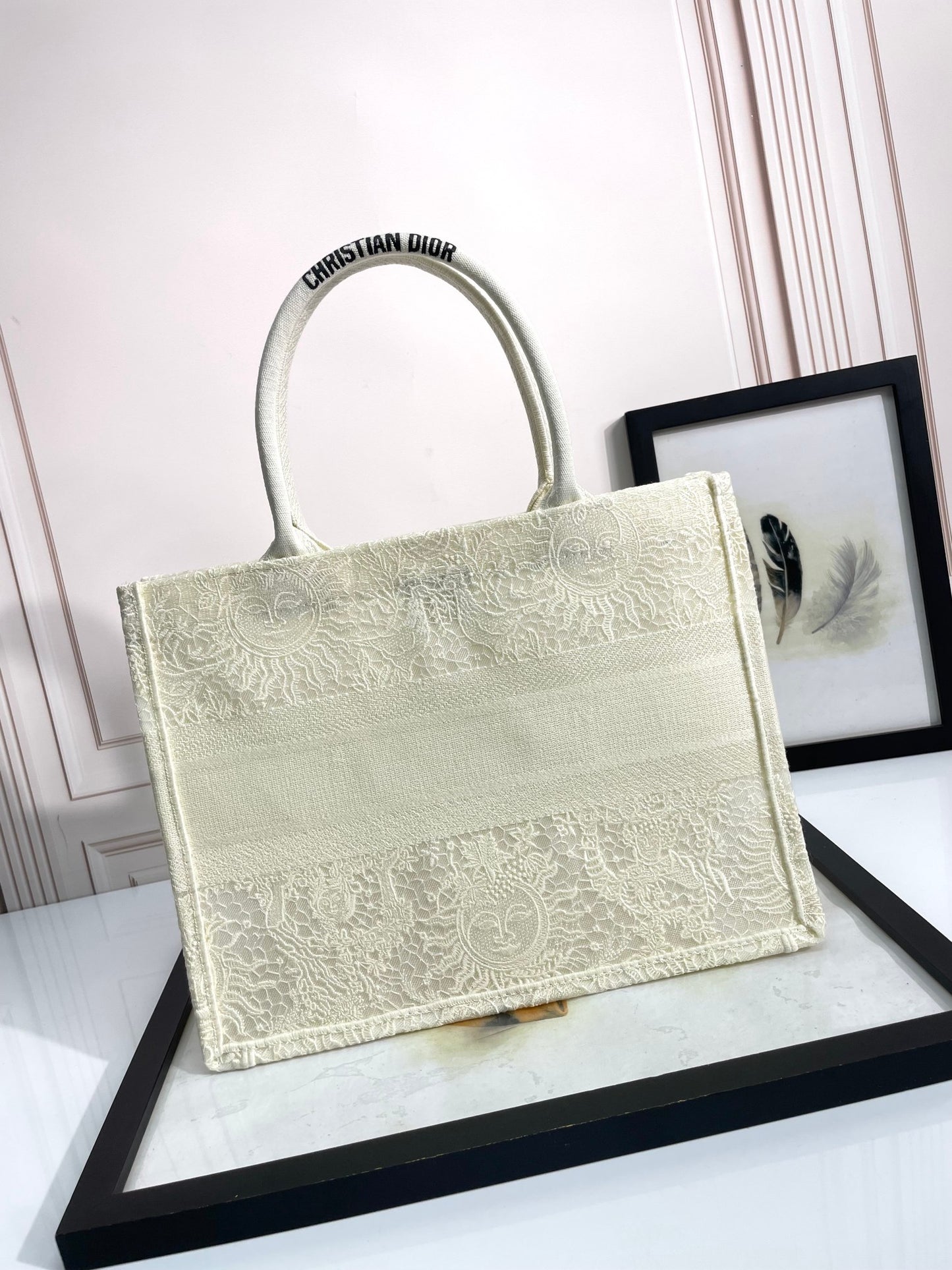 Dior Elegant Beige Embroidered Canvas Tote Bag with Top Handles