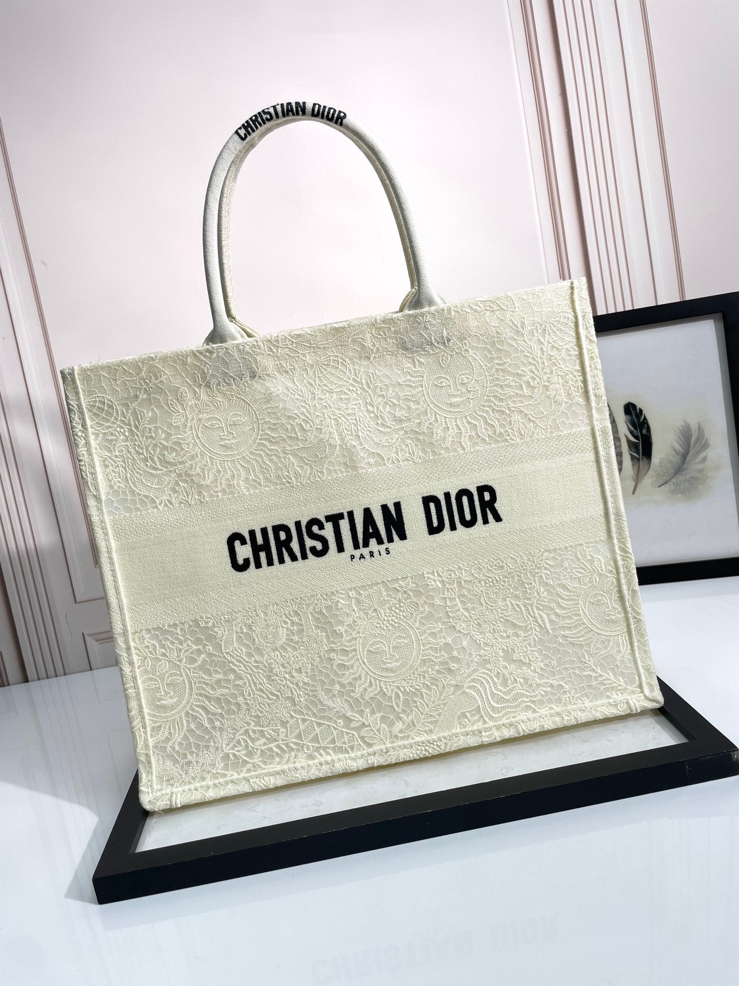 Dior Elegant Beige Embroidered Canvas Tote Bag with Top Handles
