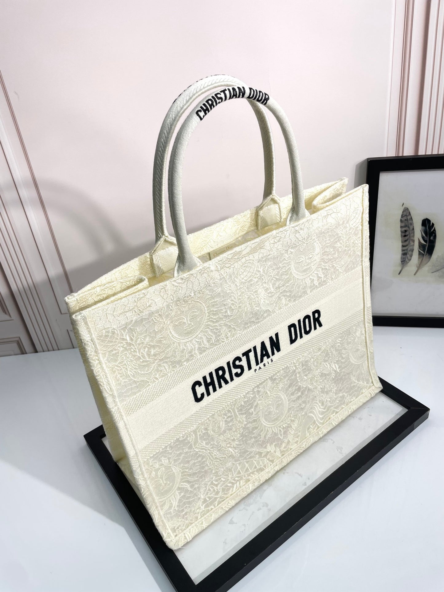 Dior Elegant Beige Embroidered Canvas Tote Bag with Top Handles