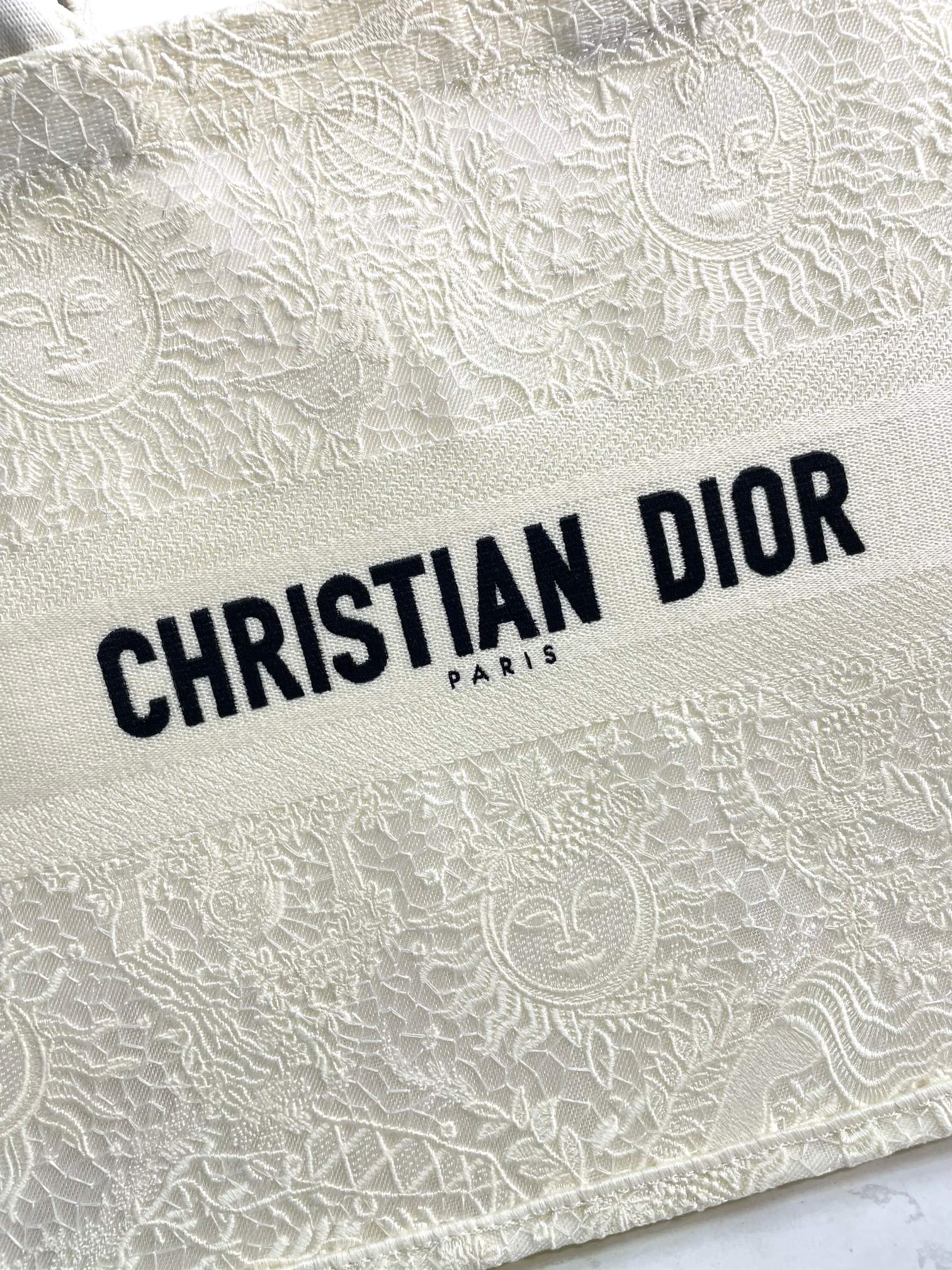 Dior Elegant Beige Embroidered Canvas Tote Bag with Top Handles