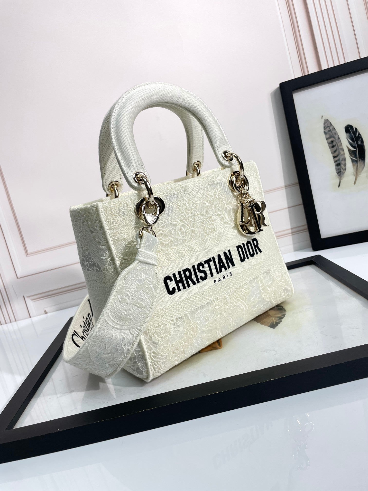 Dior Elegant White Canvas Top Handle Bag with Embroidered Logo Detail