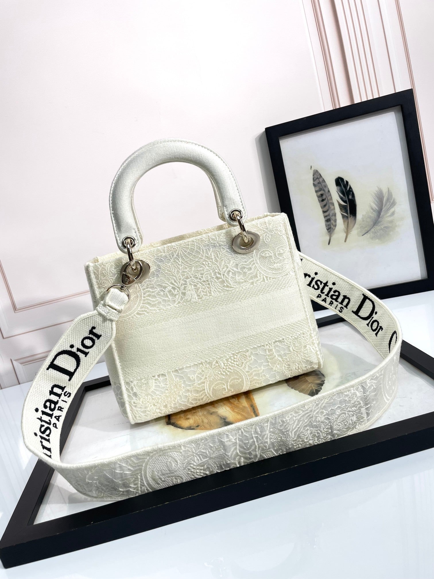 Christian Dior Lady D-Lite Embroidered Handbag - White Luxury Canvas Bag with Shoulder Strap