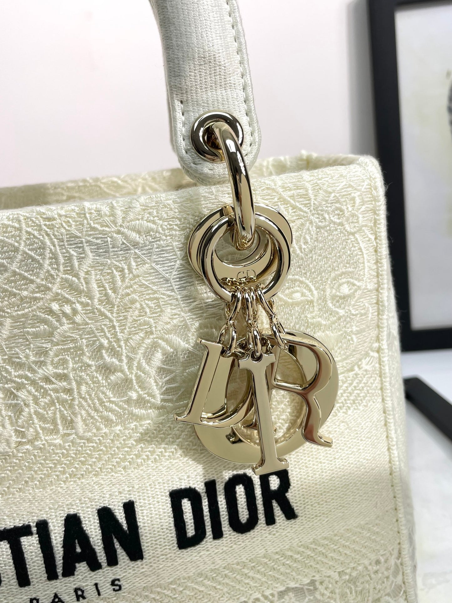 Dior Elegant White Canvas Top Handle Bag with Embroidered Logo Detail
