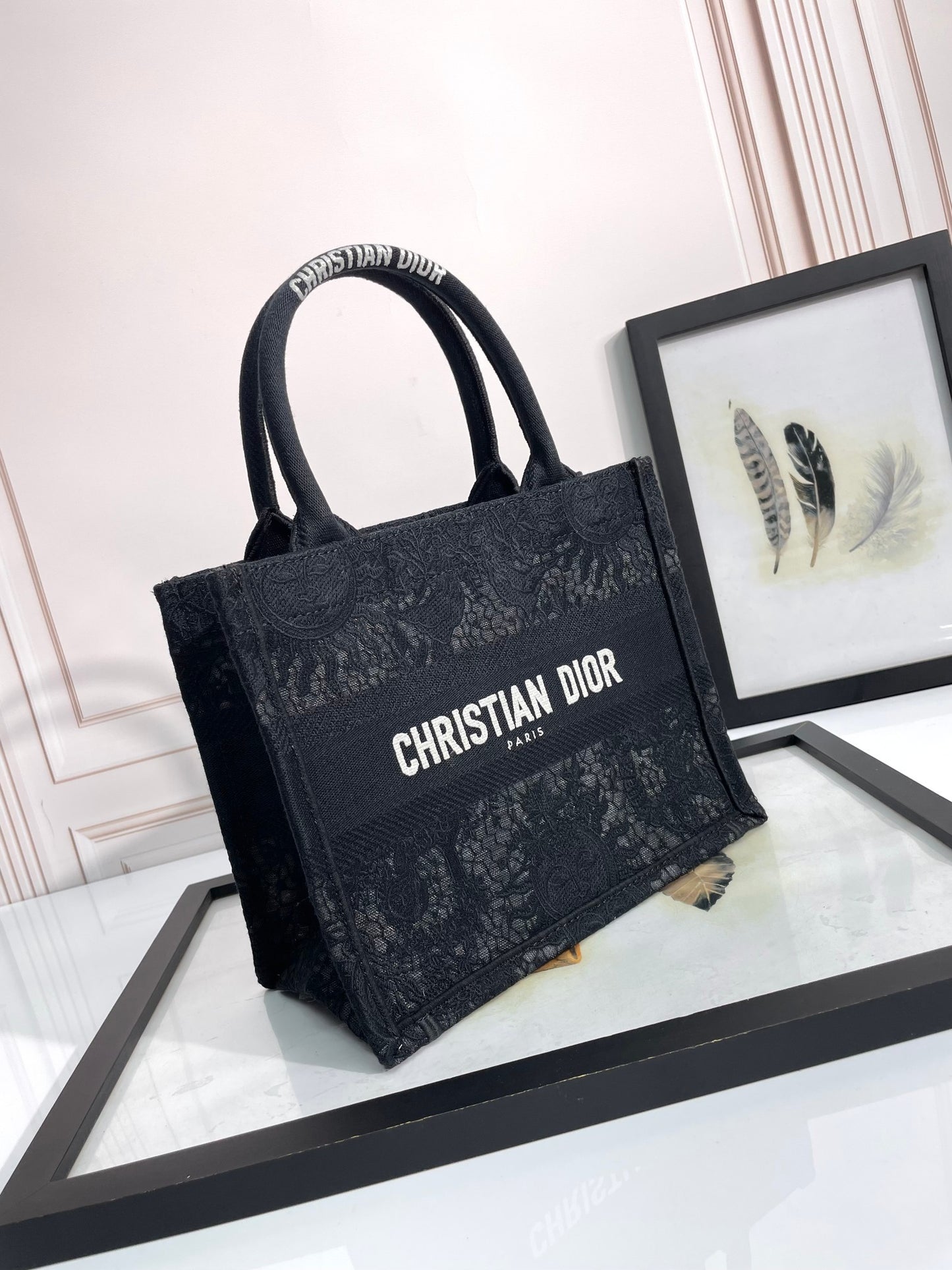 Dior Classic Black Embroidered Pattern Canvas Tote Bag with Top Handle