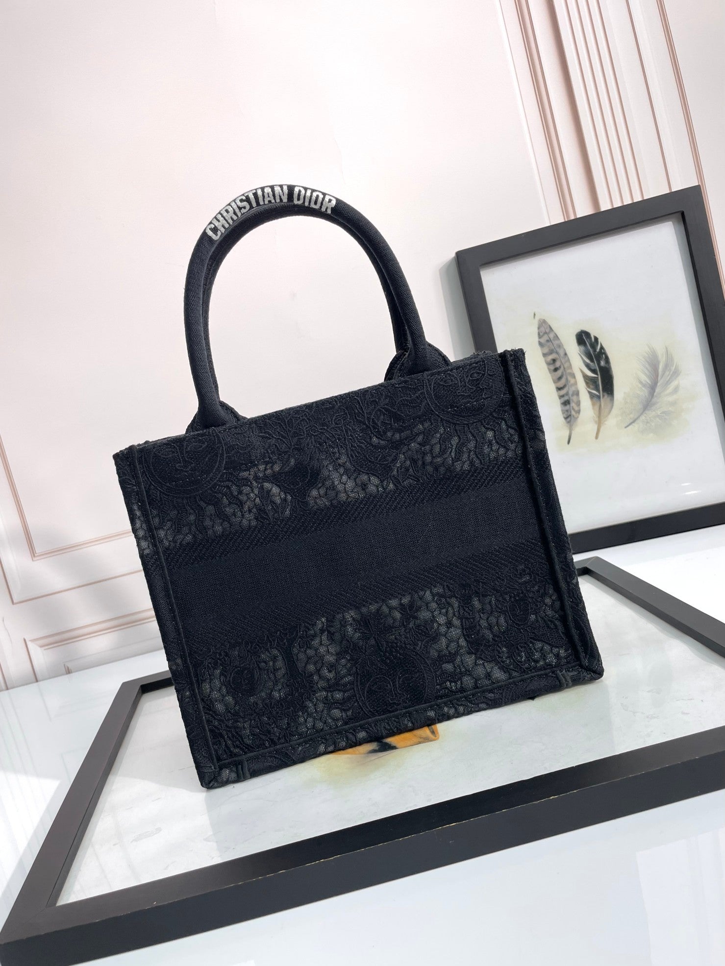 Dior Classic Black Embroidered Pattern Canvas Tote Bag with Top Handle