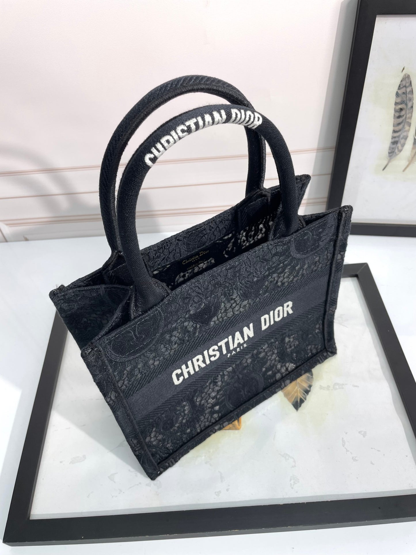 Dior Black Embroidered Canvas Book Tote Bag Vintage Pattern Handbag