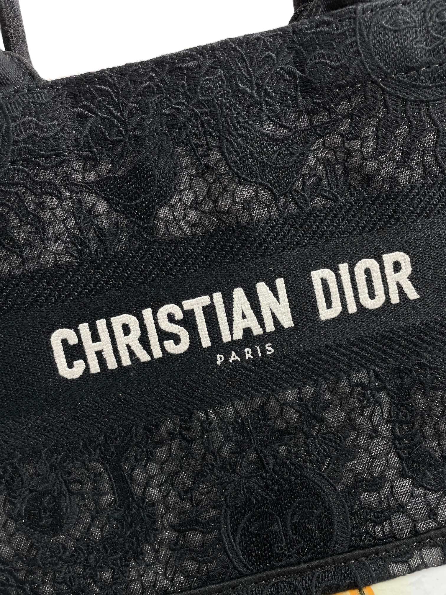 Dior Classic Black Embroidered Pattern Canvas Tote Bag with Top Handle