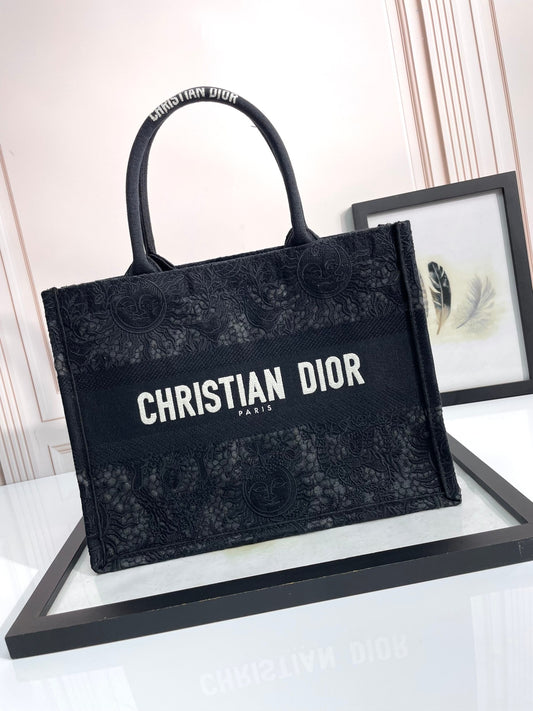 Dior Black Lace Floral Embroidered Canvas Top Handle Tote Bag