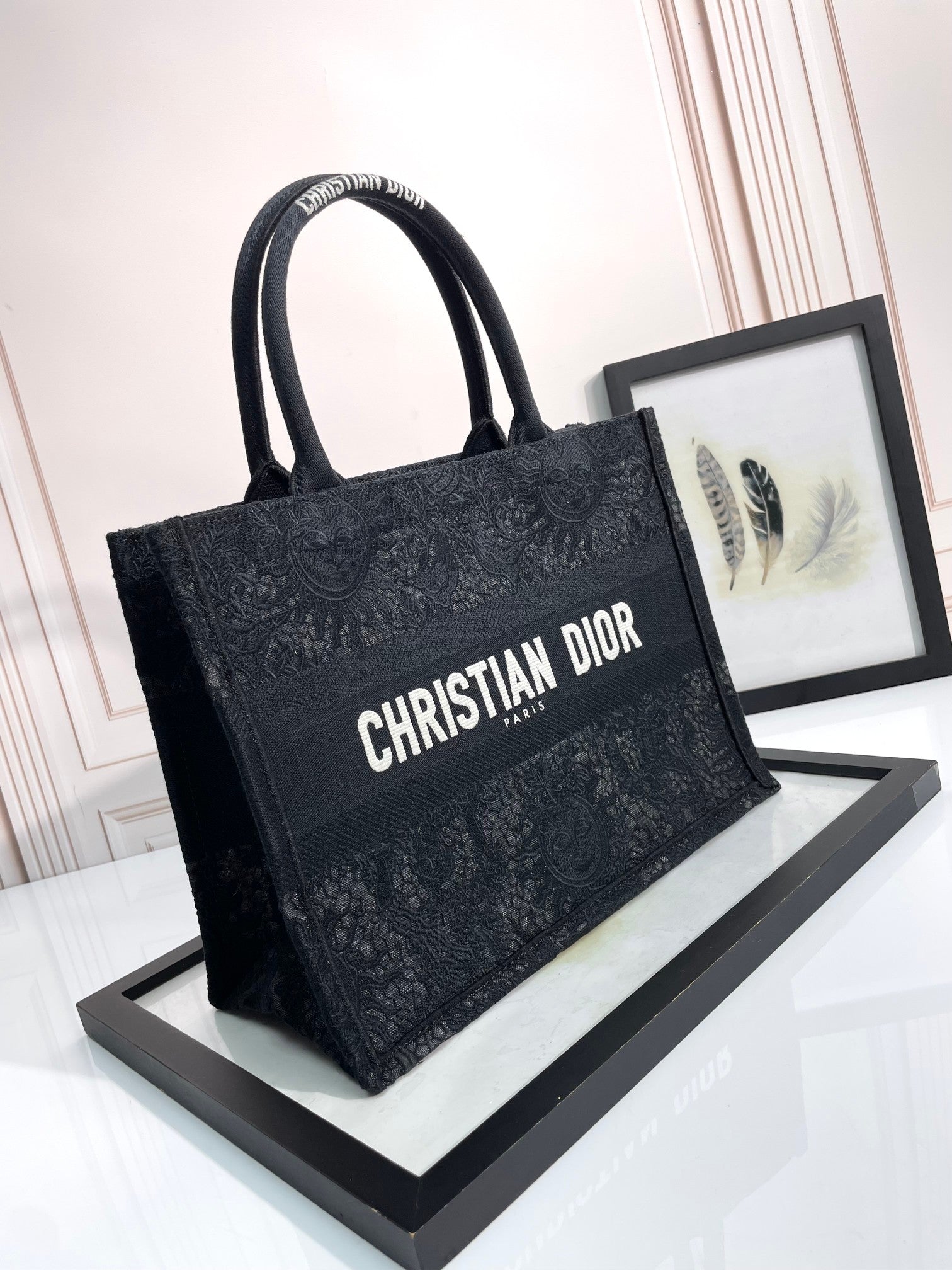 Dior Black Lace Floral Embroidered Canvas Top Handle Tote Bag