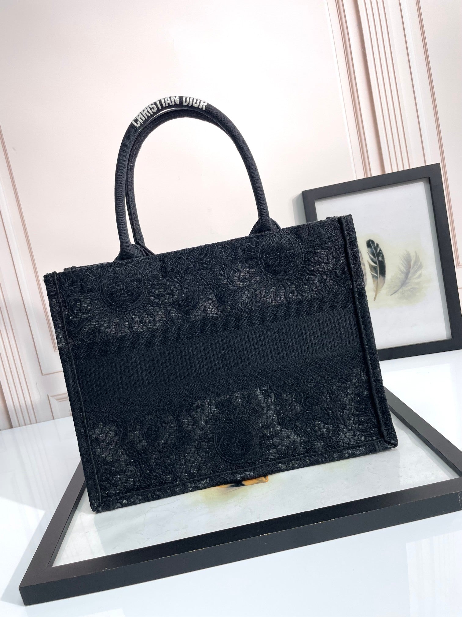 Dior Black Floral Lace Embroidered Canvas Tote Bag with Top Handles