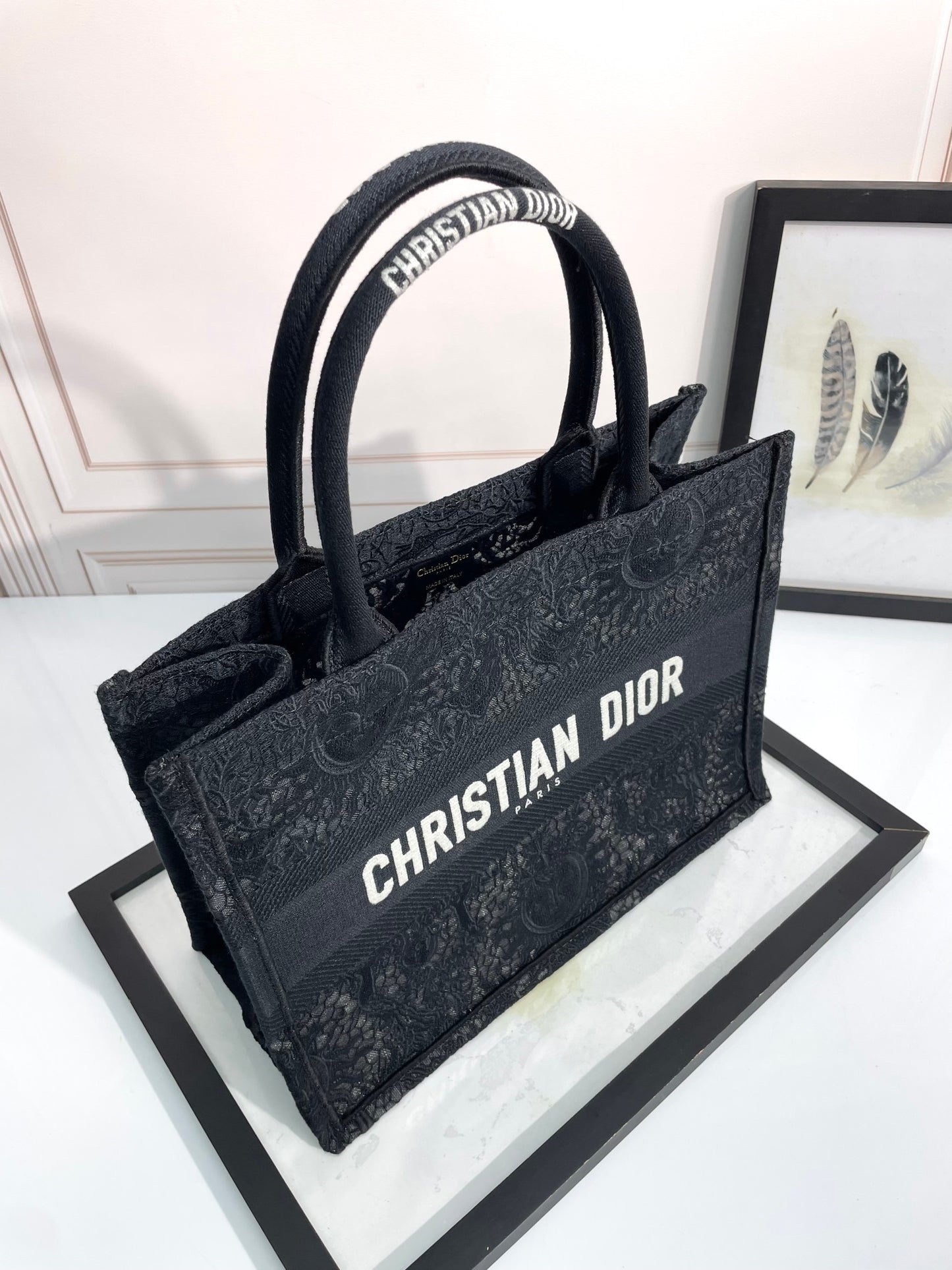 Dior Black Floral Lace Embroidered Canvas Tote Bag with Top Handles
