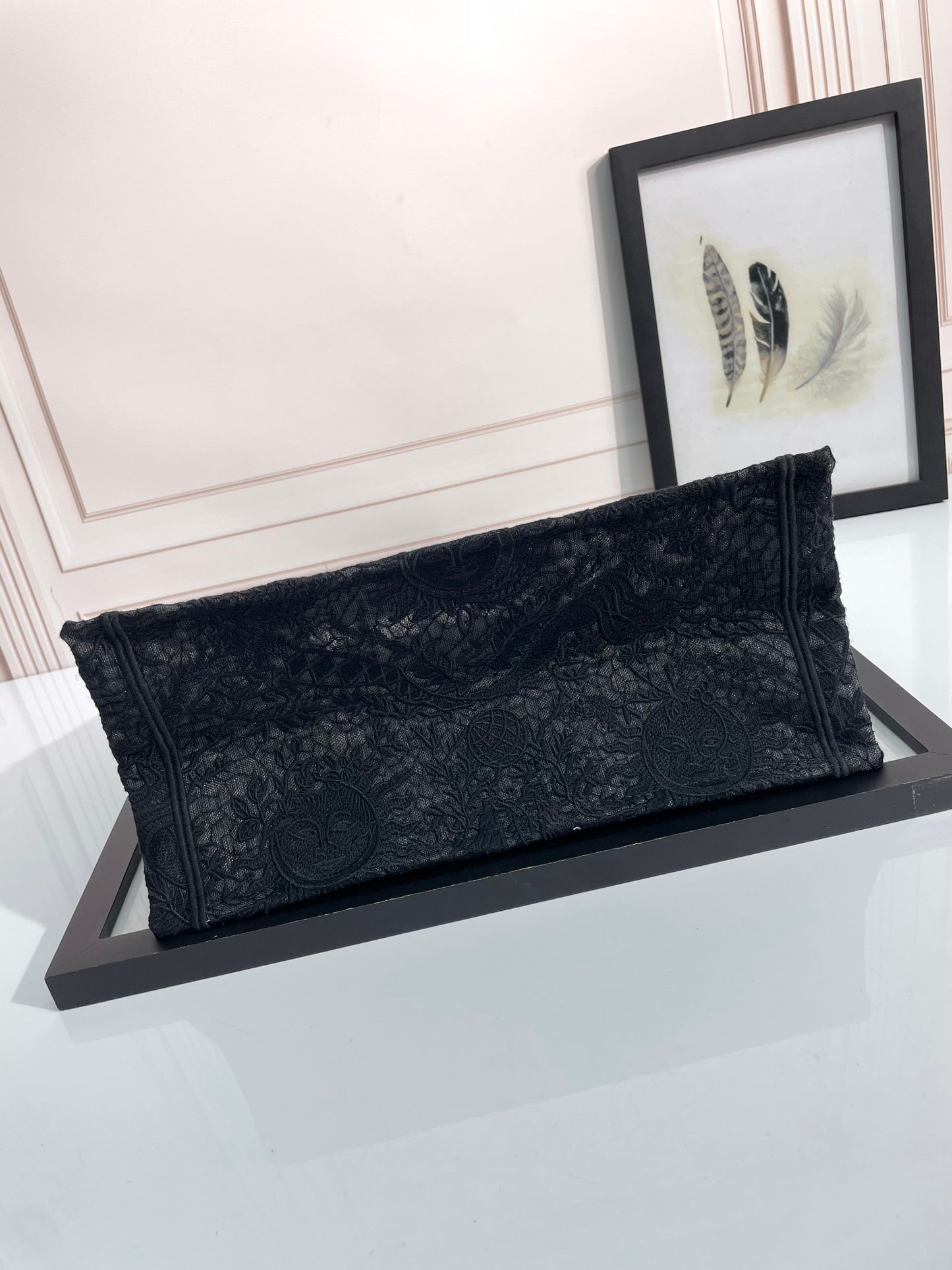Dior Black Floral Lace Embroidered Canvas Tote Bag with Top Handles