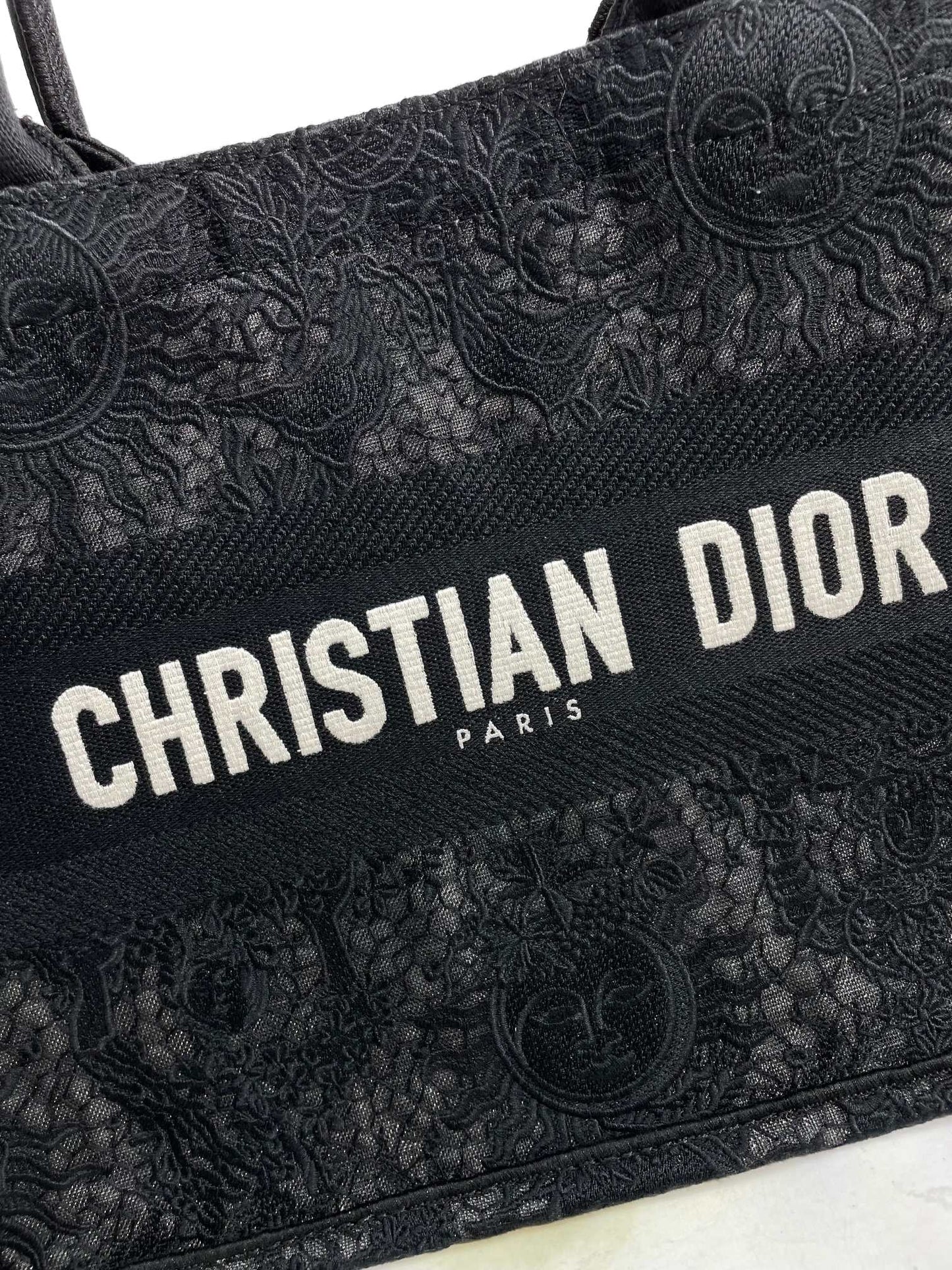 Dior Black Floral Lace Embroidered Canvas Tote Bag with Top Handles