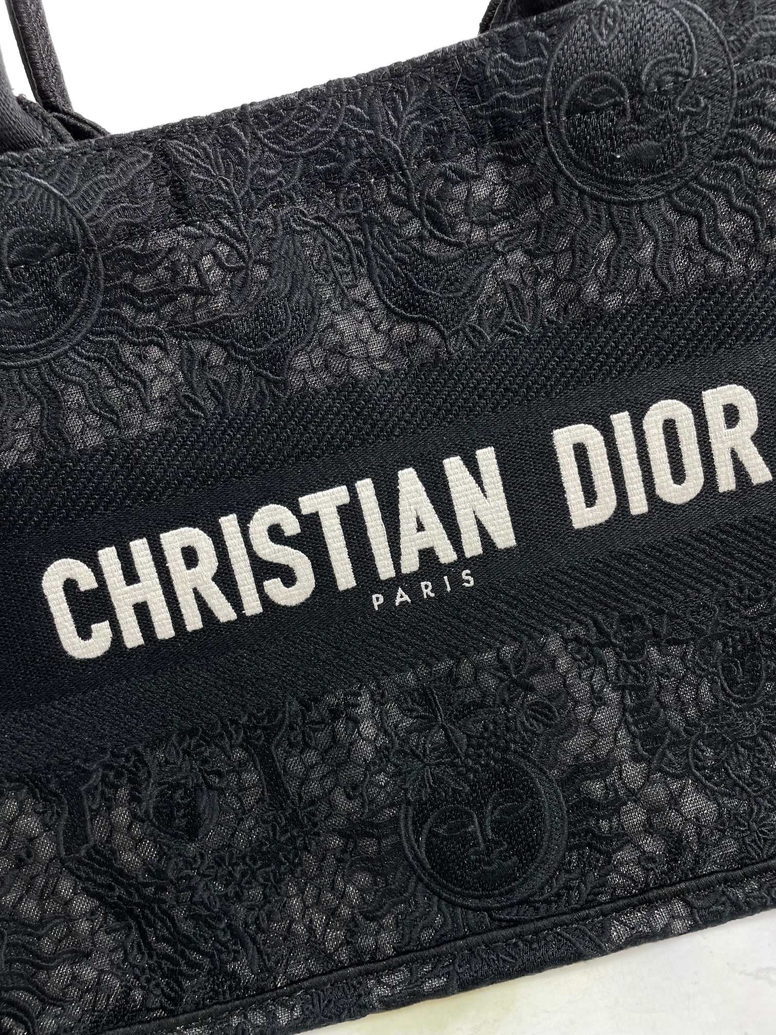 Dior Black Floral Lace Embroidered Canvas Tote Bag with Top Handles