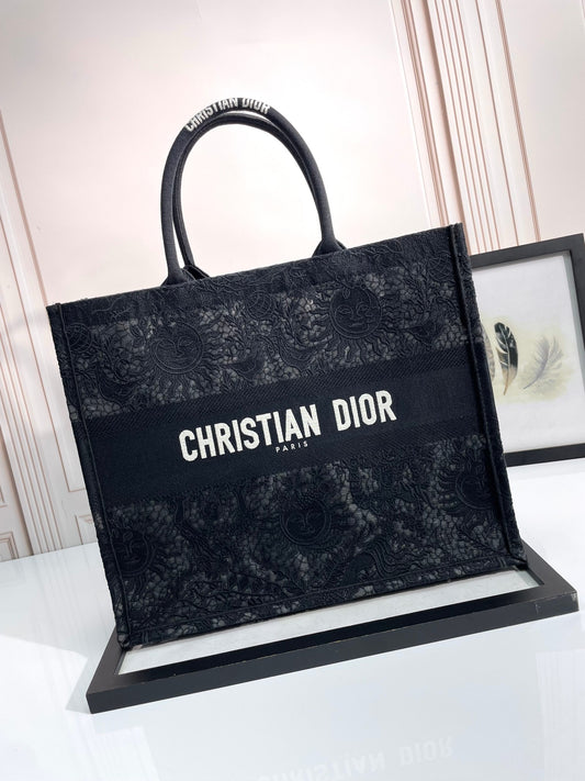 Dior Black Embroidered Canvas Tote Bag Luxury Floral Pattern Top Handle Handbag