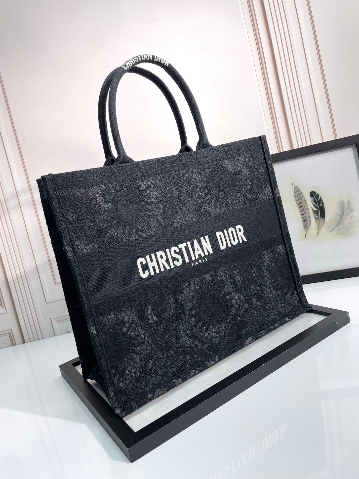 Dior Black Embroidered Canvas Tote Bag Luxury Floral Pattern Top Handle Handbag