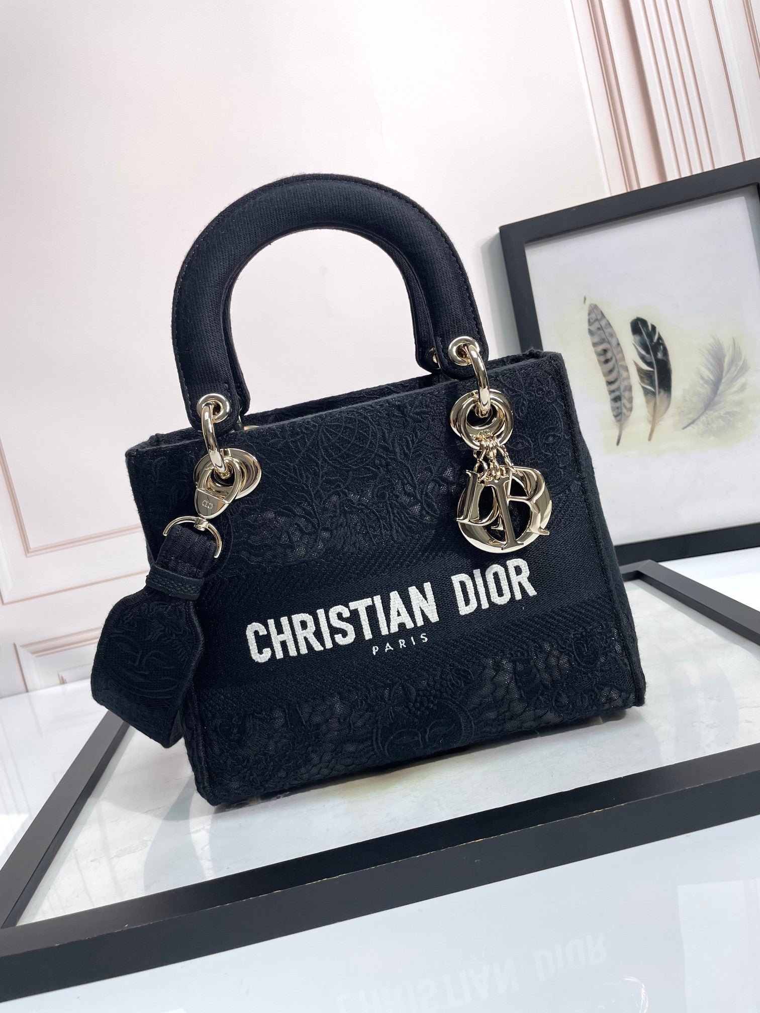Dior Black Floral Embroidered Canvas Shoulder Bag with Top Handle