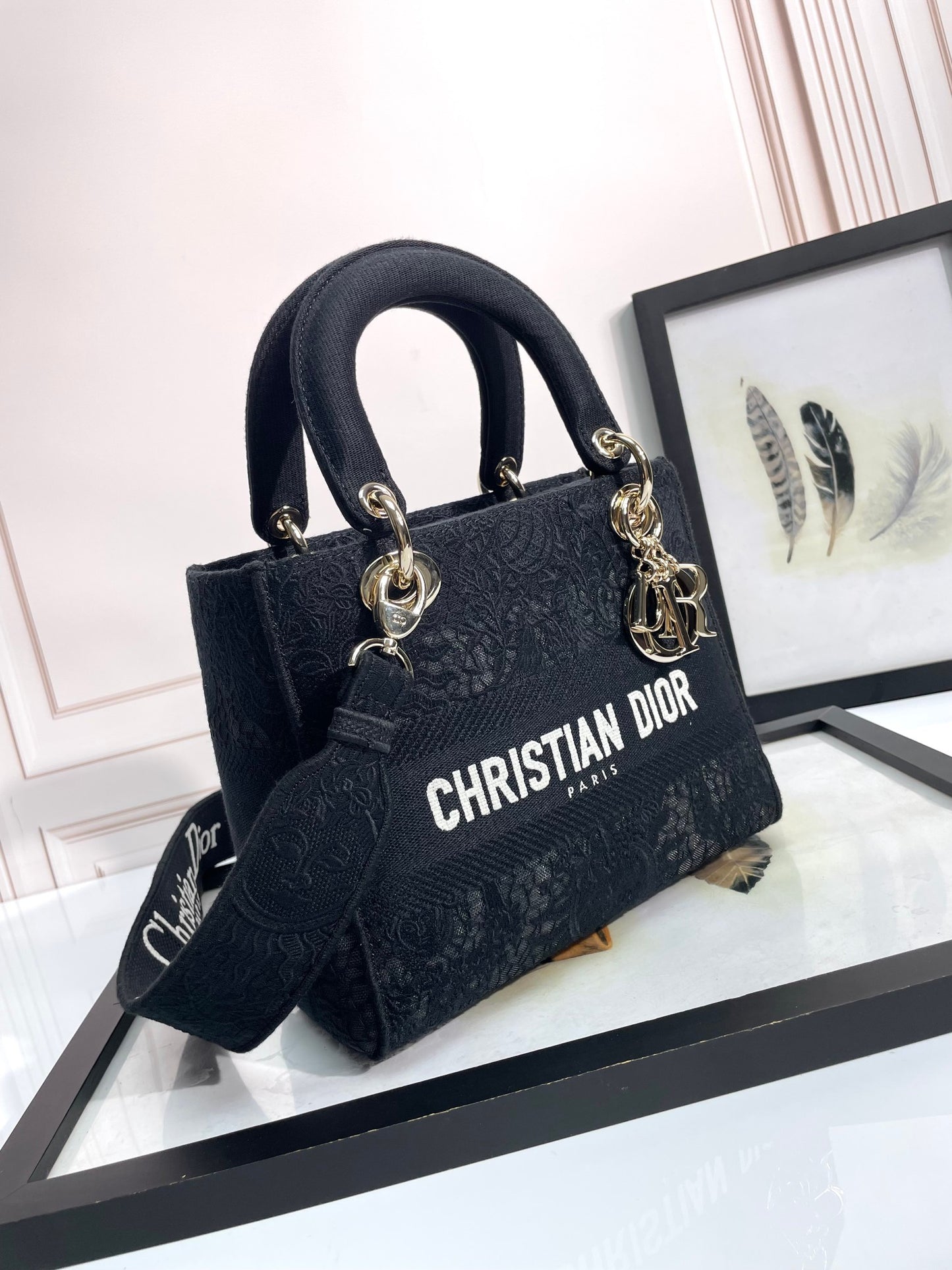 Dior Black Embroidered Canvas Top Handle Handbag with Shoulder Strap