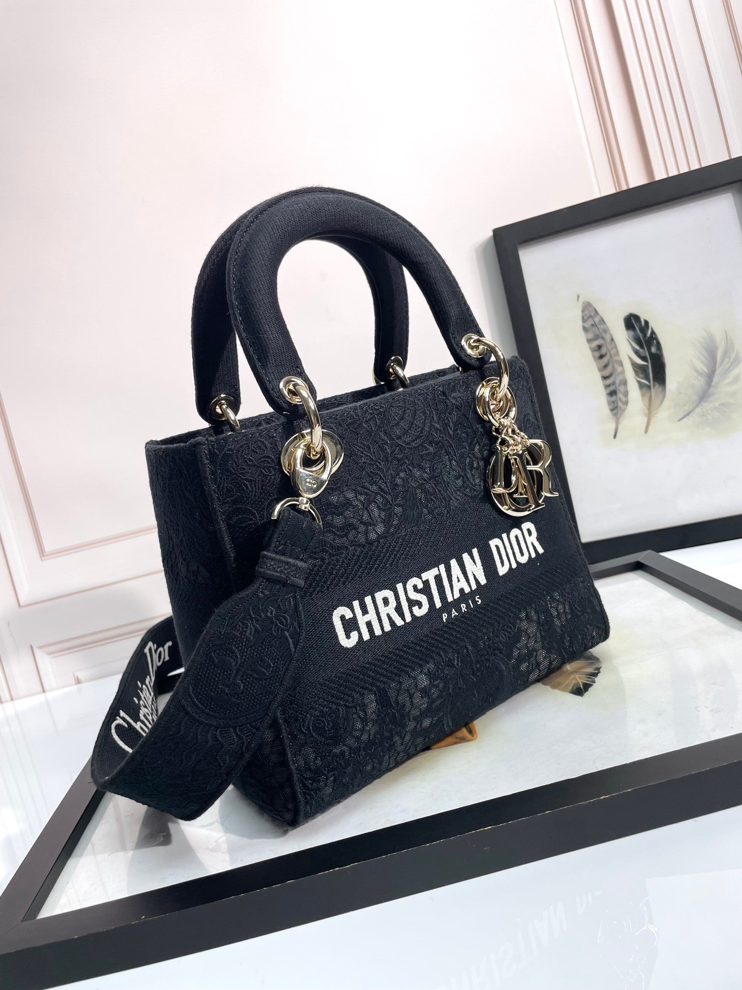 Dior Black Embroidered Canvas Top Handle Handbag with Shoulder Strap