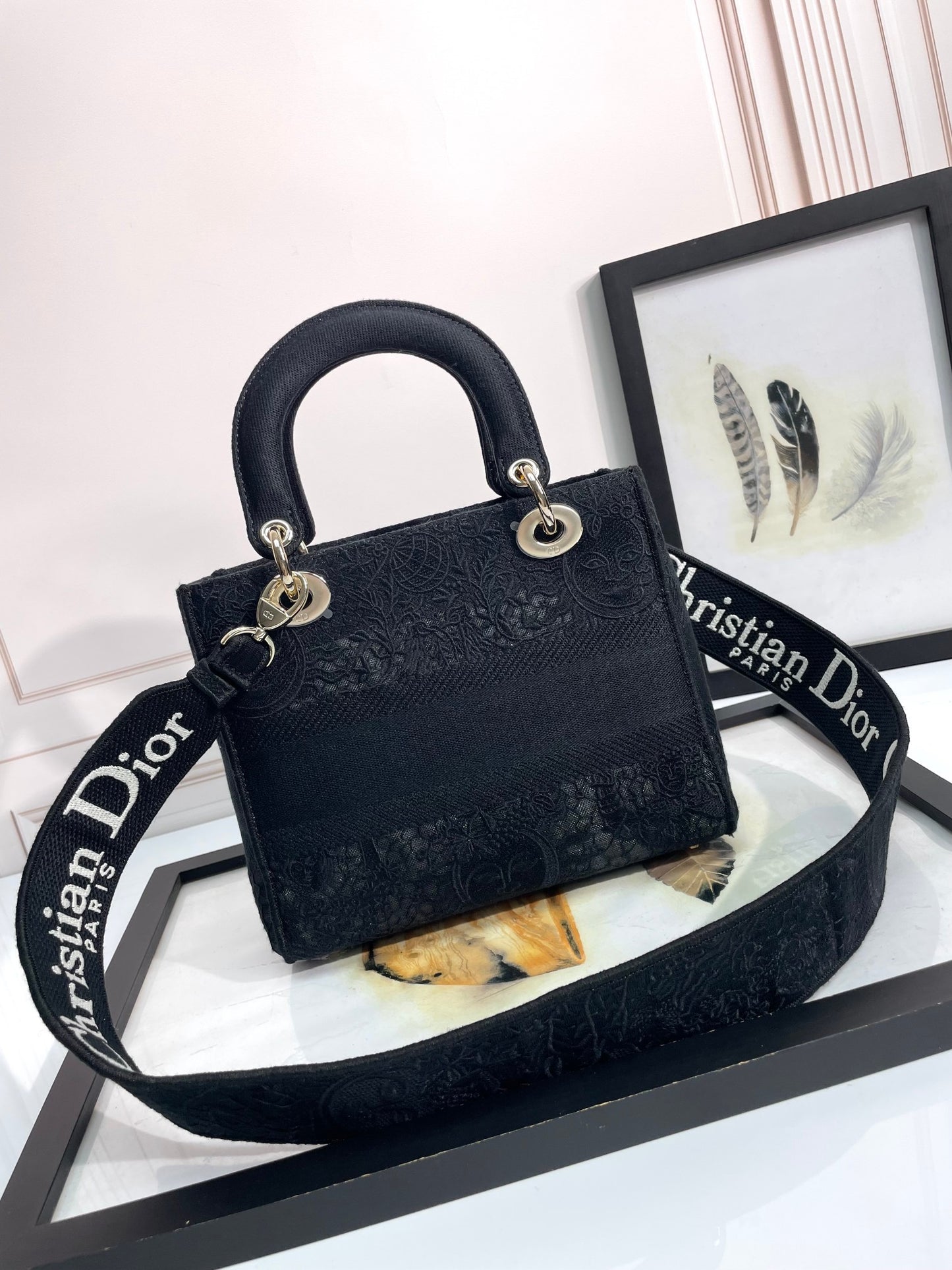 Dior Black Floral Embroidered Canvas Shoulder Bag with Top Handle