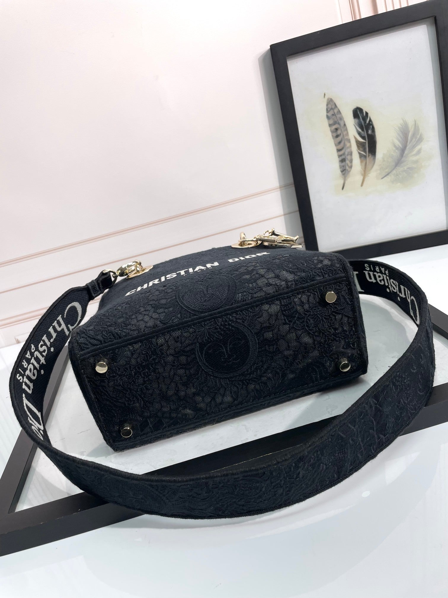Dior Black Floral Embroidered Canvas Shoulder Bag with Top Handle