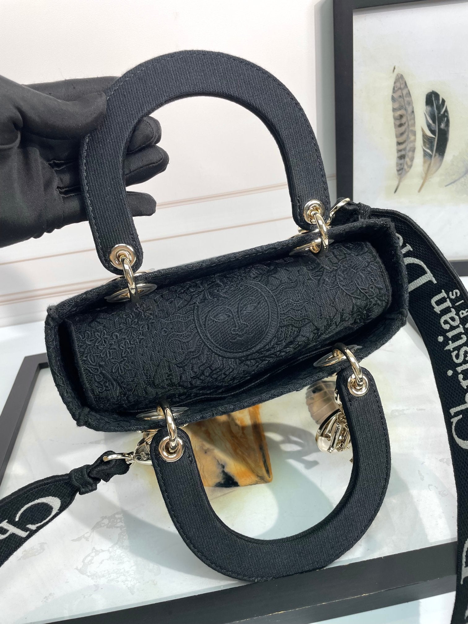 Dior Black Floral Embroidered Canvas Shoulder Bag with Top Handle
