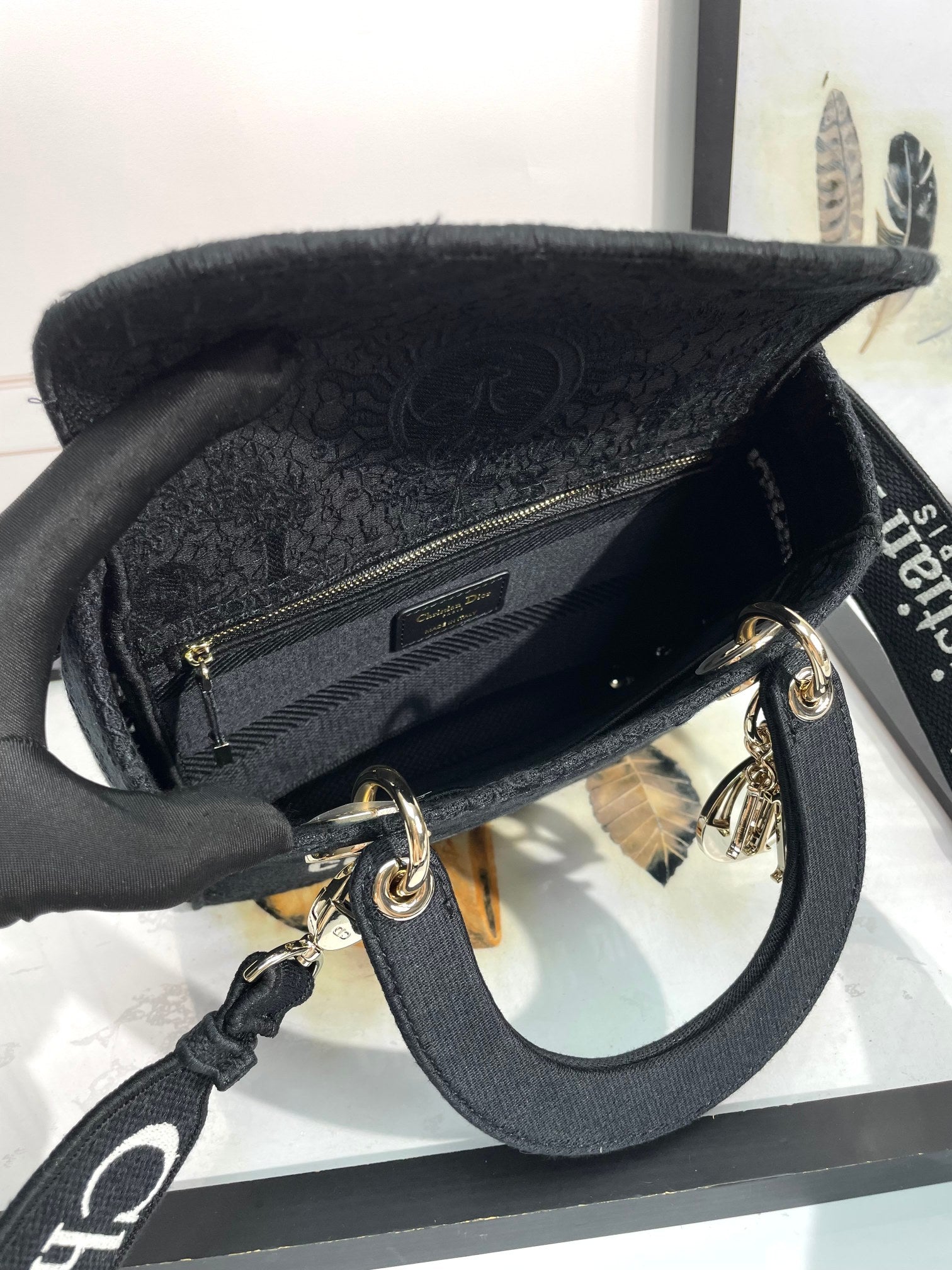 Christian Dior Lady D-Lite Bag - Black Embroidered Canvas